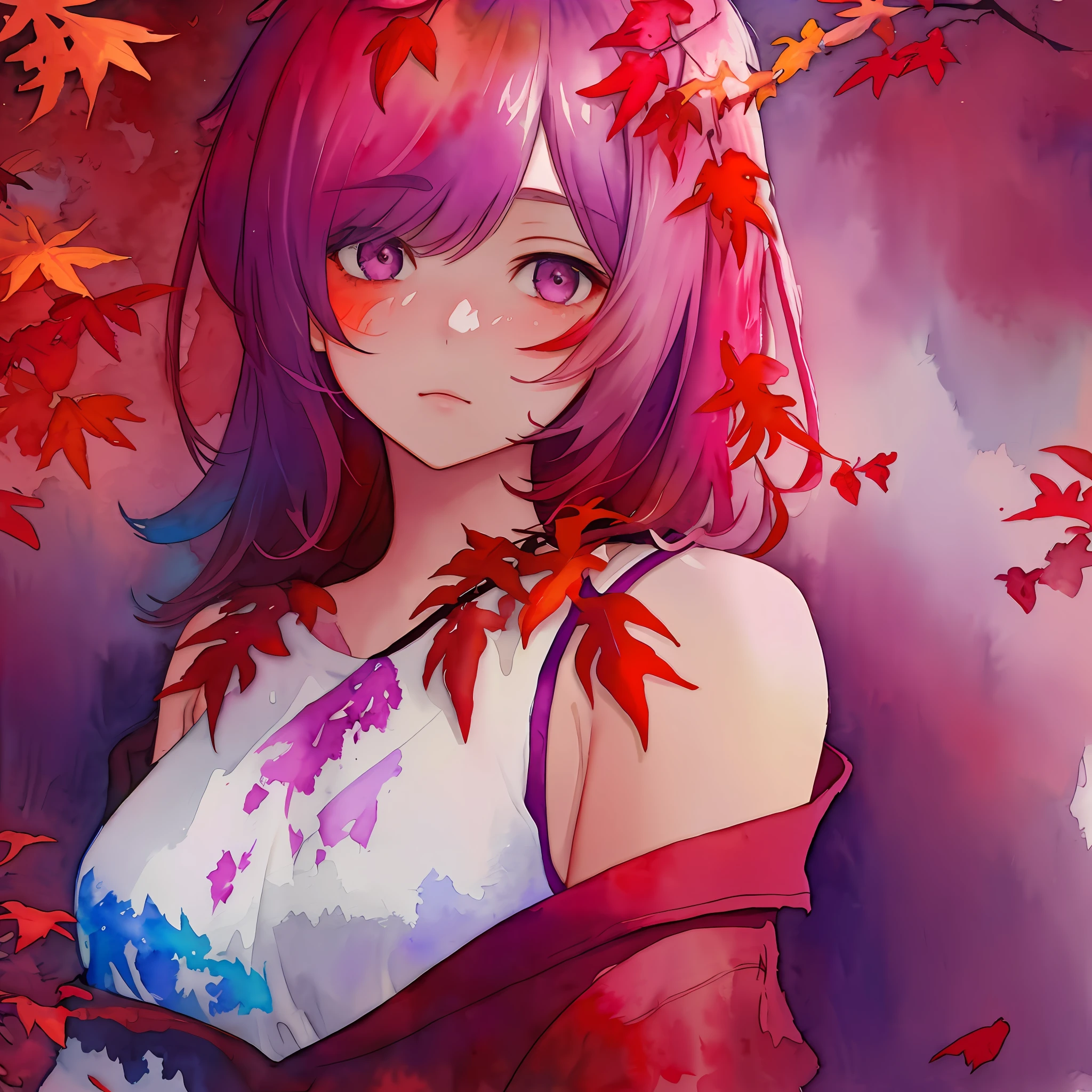 watercolor art,1girl,upper body,bra,watercolor style,wrtcolor style,watercolor splashes,paint splashes ,upper body,liquid clothes , red coloured tree leaves,purple tree leaves, red and purple theme