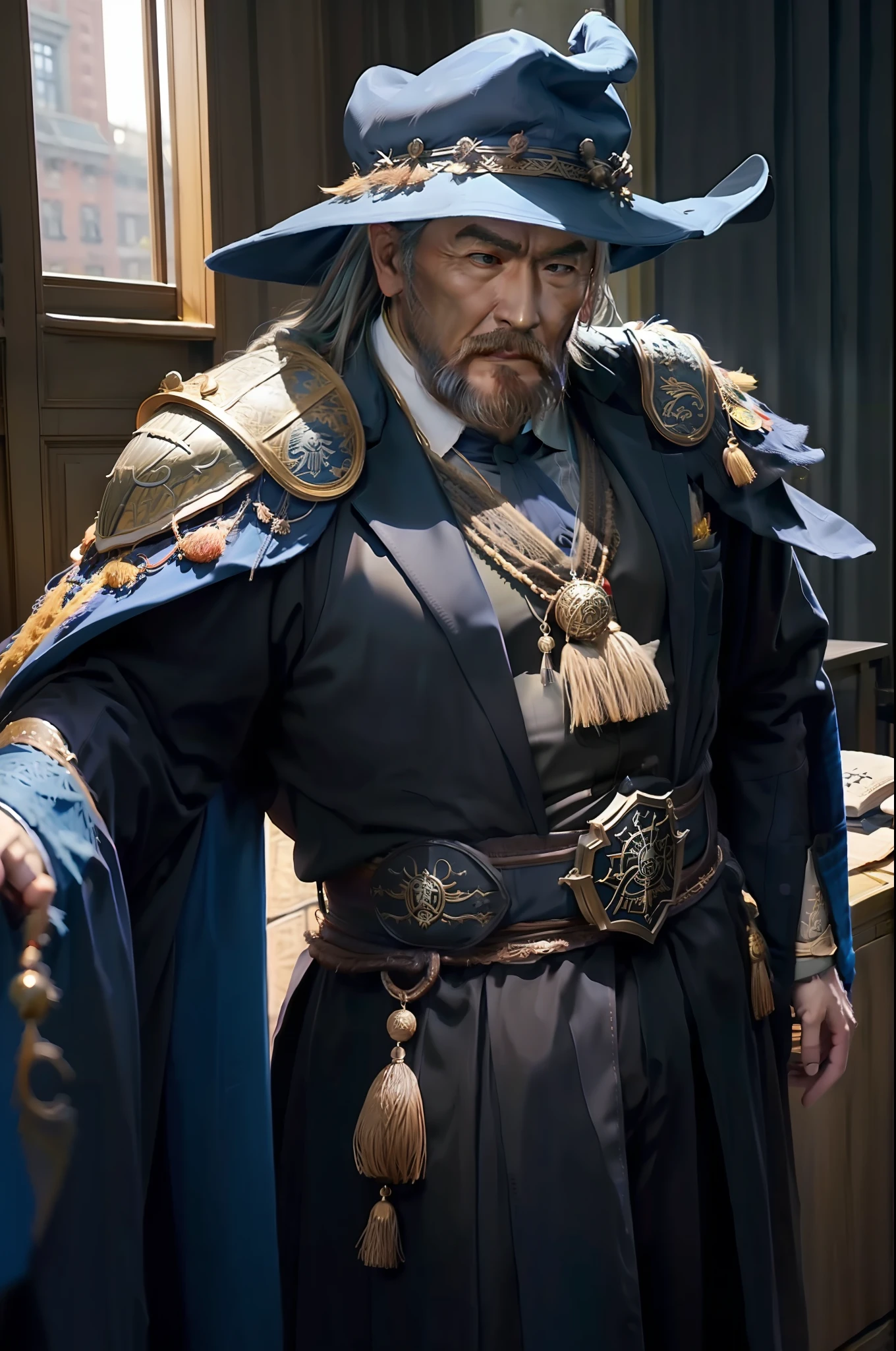 Man，dumbledore，a old man，Big chest，wearing an outfit,He wears Chinese dragon armor，Wearing a crocodile head hat,muscle men