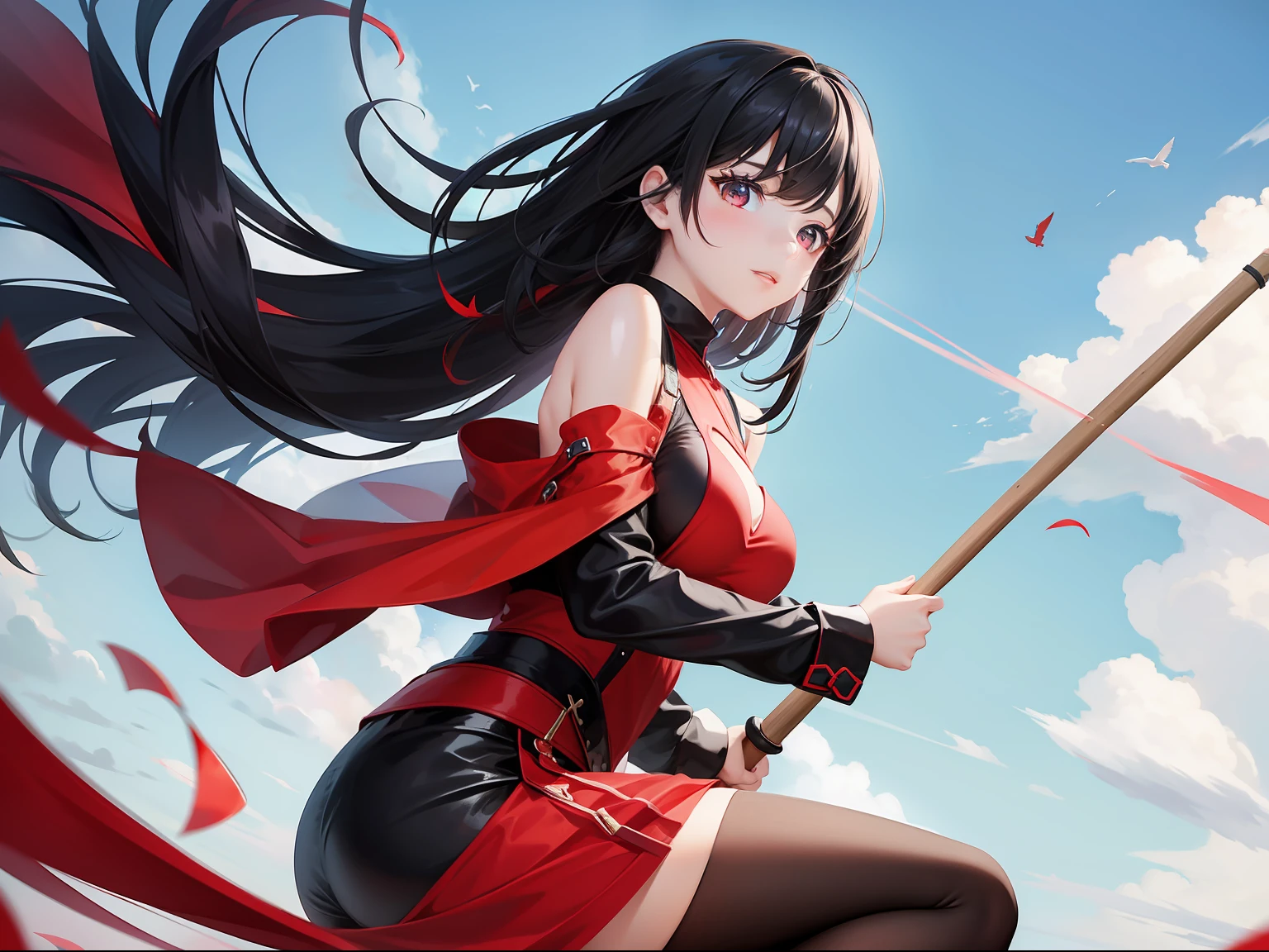 Black-haired girl in red clothes straddling a long broom、flying into the sky。beautidful eyes