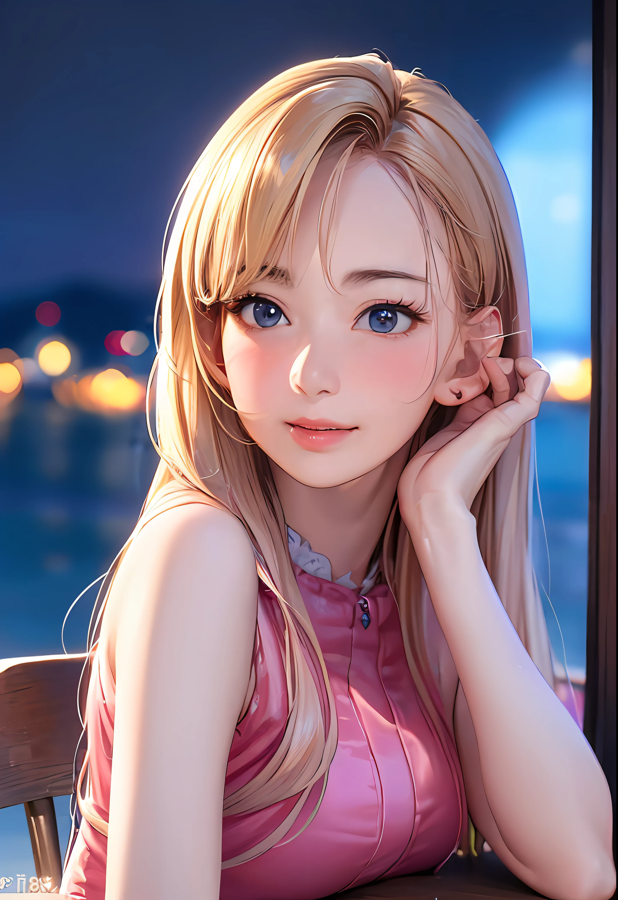(8k, best quality, masterpiece:1.2), (realistic, photo-realistic:1.37), ultra-detailed, 1 girl,cute, solo,midnight,beautiful detailed sky,detailed cafe,sitting,dating,(nose blush),(smile:1.15),(closed mouth) small breasts,beautiful detailed eyes,floating hair NovaFrogStyle,pink dress
