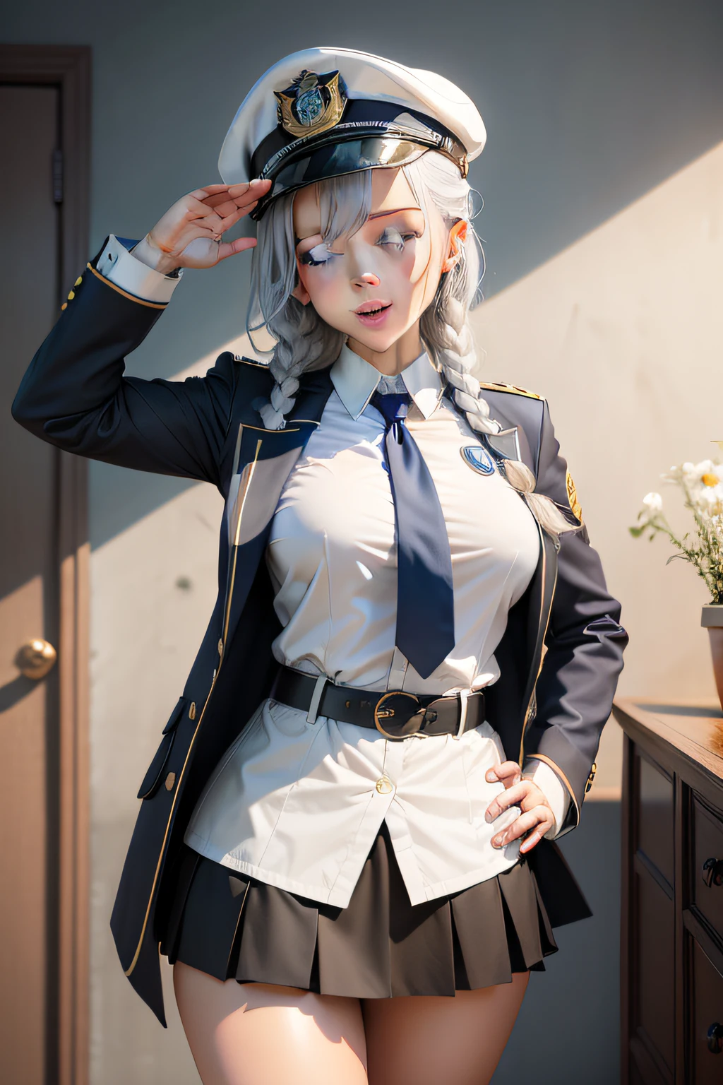 masterpiece, best quality, high res, perspective, 1girl, (sharp focus), looking ahead, blue eyes, medium breasts, ahoge, hair ornament, twin braids, necktie, halo, bangs, hair between eyes, blue eyes, shirt, skirt, smile, white police uniform, open mouth, hat, blue shirt, (white jacket:1.1), belt pouch, silver hair, black stockings, salute, hand on own hip, white background, one eye closed
