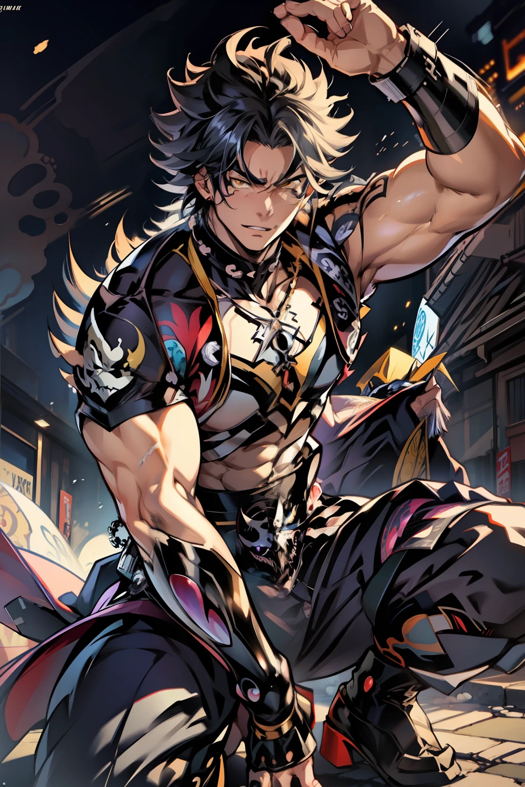 《the original god》Arataki Kazuto , male people,,((Masterpiece)), ((Best quality)), Ultra detailed,((illustration)), Dynamic Angle, Detailed light, (Delicate eyes), Floating, 1boy, Male focus, Head, Clothing, Yellow eyes, necklace, tattoo, (Forehead:0.8), (ahoge:0.8), jewelry, apathy,Ray, chest muscle, Sexy , Venom symbiote for your body, Black mucus of the body , (into venom), Venom,frontage,style of anime4 K, 4K anime wallpaper, Badass anime 8 K, 4 k comic wallpaper, young anime man, Anime boys, Anime wallpapers 4 k, Anime wallpaper 4K, High quality anime art style, Anime moe art style, Anime art wallpaper 8 K, Anime art wallpaper 4 K, RGB lighting