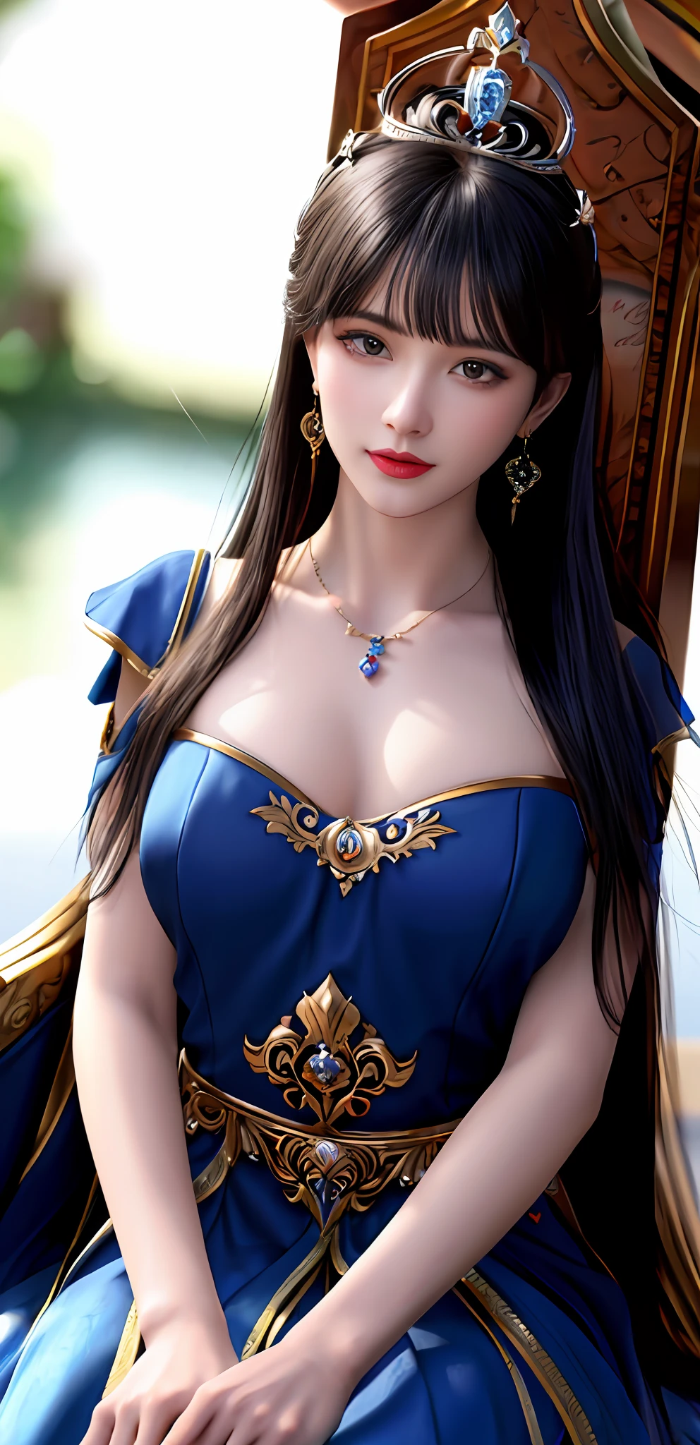 (realisticity: 1.2), best quality, 8K UHD, masterpiece, highres,cg,
1 super detailed girl, super detailed queen

, sitting on a super detailed royal throne, lud, xurious royal palace background, beautiful and detailed, super detailed long hair, wearing a beautiful and luxurious crown with diamonds and super detailed,

super detailed dress,
 solo, jewelry, super detailed red and blue dress, pretty face, beautiful, and super detailed, 

, earrings, super detailed hairdo, splashing, the upper body is very super detailed, super detailed hair bun, super detailed black hair,
lighting,candid,Photograph,high resolution,4k,8k,Bokeh,