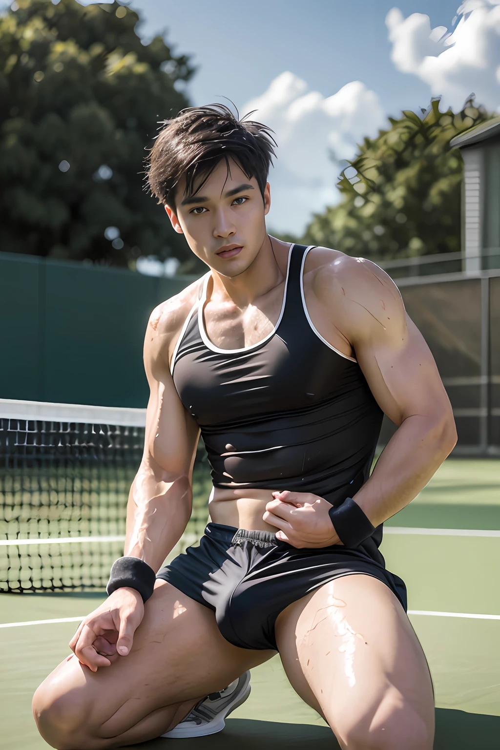top-quality、masterpiece、超A high resolution、(realisitic:1.4)、详细的脸、独奏、1human male、Dark hair、glistning skin、dense skin、(asian human)、architectural、(absurderes、hight resolution、ultra-detailliert)、、1 male、Adults、(An 18-year-old man)、a handsome、tall muscular man、broad shoulder、extra very short hair、angular jaws、thick neck、thick eyebrow、extra very short hair、A dark-haired、fine eyes and detailed face、 Highly detailed CG Unity 8K wallpapers、intricate-detail、(Style Swirl Magic:0.7)、looking at the spectator、独奏、(full body Esbian:0.6)、细致背景、A detailed face、dynamicposes、、Urban background、dynamic compositions、 big muscle、、((((Crotch bulge))))、a handsome、 ((masutepiece:1.4, Best Quality)), ((masutepiece, Best Quality)), (photographrealistic:1.4)、(((Tennis Player)))、sports wear、M-shaped legs, Pubic hair, Open legs, , Abs, ((Erection 1.2)), (Moccoli: 1.4), (Manly chest plate)), Sweating, (He is wet, Wet 1.2),, (Slipping thin underwear, Wet and beautiful 1.4)), Blood vessels in the arm、tennis ball、racket、Chinese Bishonen、Tennis attire,sports wear、tennis coat、