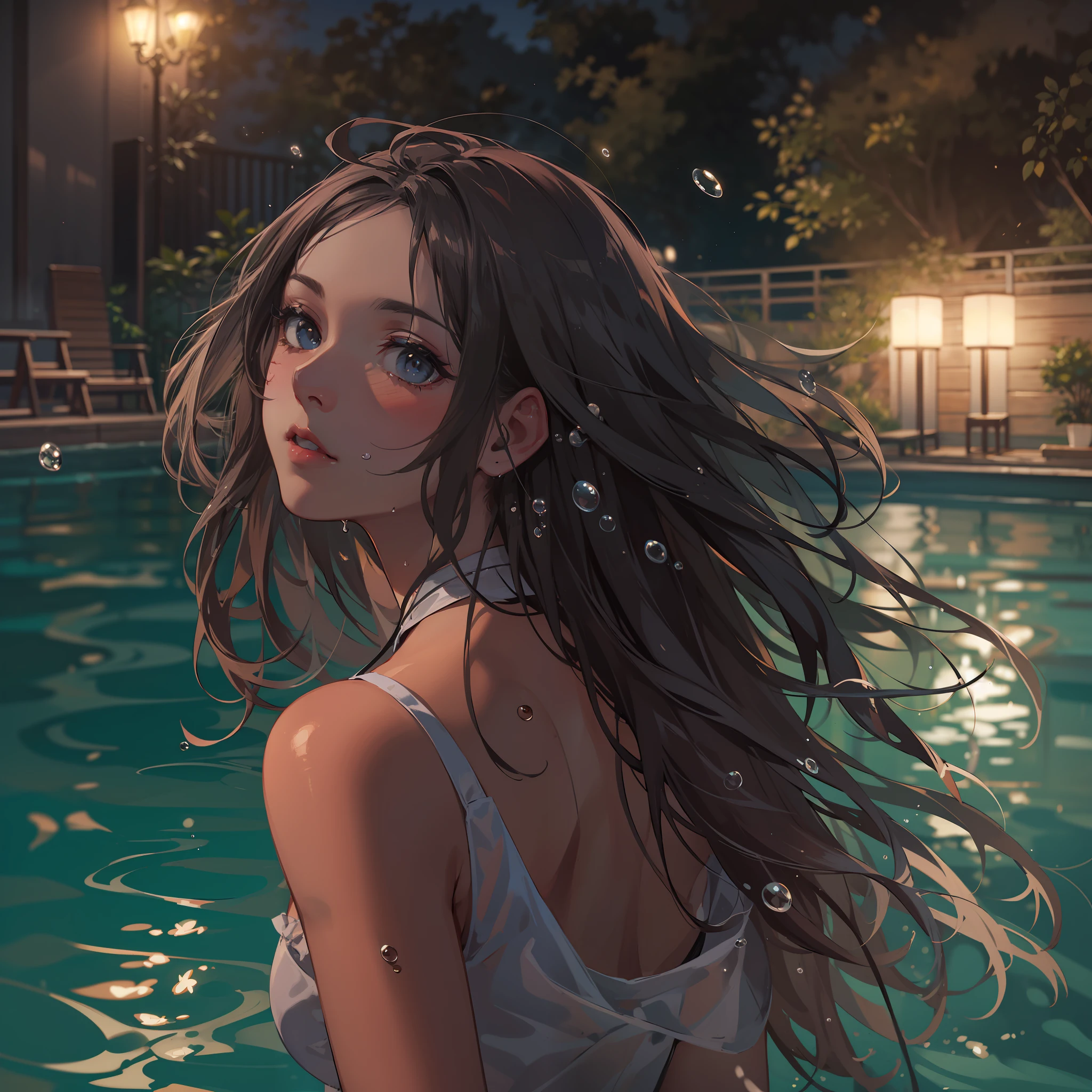 Wearing sweat,Mid summer,The bikini,Night Pool:1.5,jumping into the pool,Blowing in the wind,Wet hair,2 girls in , (Raw photo: 1.2), (Realism: 1.4), (masutepiece: 1.3), (exquisite detailing: 1.2), Kiss,Delicate and beautiful details, (Eye Detail), (Facial Detailed), (Highest Quality) :1.4), (Hyper-Resolution: 1.2), cinematric light, (very detailed illustration), Best Quality,depth of fields, Wide light, natural shadows