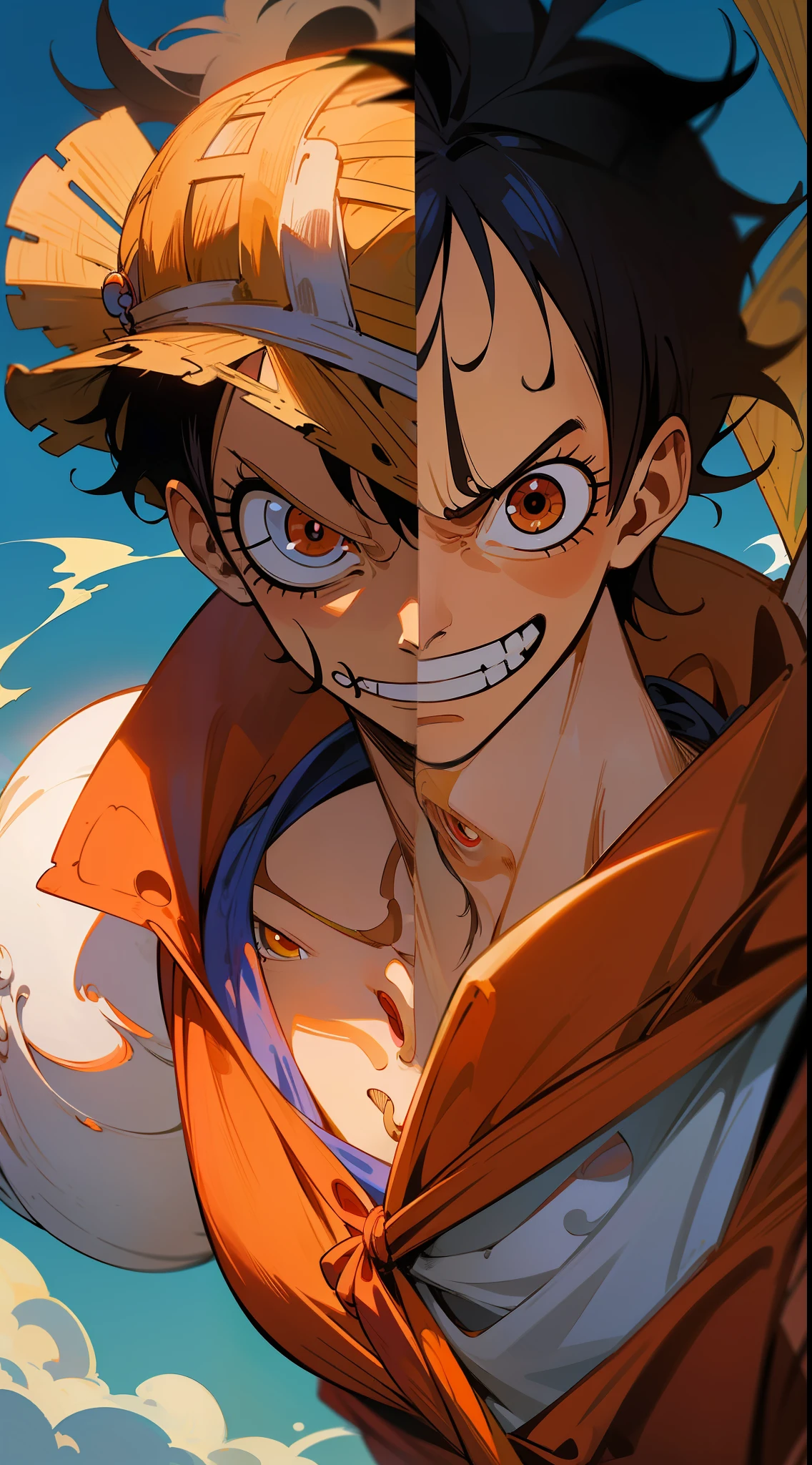 Anime characters are depicted in cartoon style on mobile phones, from one piece, luffy as a marble statue, monkey d luffy, Luffy, Luffy (One Piece, monkey d. Luffy, one piece art style, luffy gear 5, portrait of luffy from one piece, luffy from one piece, Fine details. anime big breast, An anime cover, One Piece