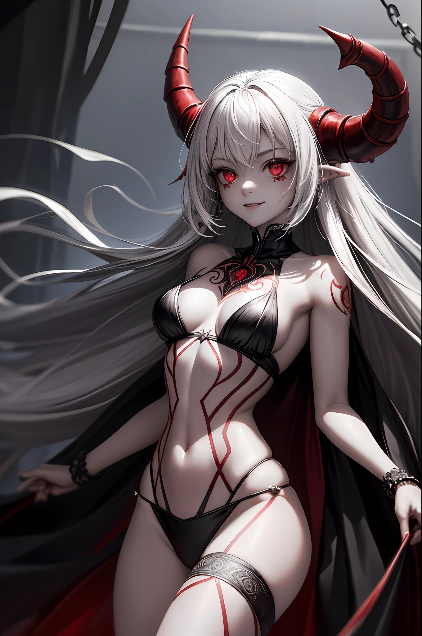 (ashenhard style:1.4), masterpiece, top-quality, hightquality,(Has a dark red glow and red eyes、Dark shapeless creatures surrounded by darkness:1.2), (In profile), (Dark:1.2), abstraction, abyssal, awardwinning photo, depth of fields, nffsw, ighly detailed, trending on artstationh, Trending in CGSighbour, Convoluted, high detailing,(masterpiece:1.2、top-quality)、(The best lighting、extremely delicate and beautiful)、(The best lighting、extremely delicate and beautiful)、(beautifull detailed face)、(Detailed eyes and detailed face:1.2)、((4 finger,Thumb、Detailed hands and fingers,High-resolution hands and fingers:1.2)),Random Hairstyles 1.5,Dark Fantasy, (younggirl, Little beast, 1girl in, 独奏, Crazy smile, pale skin,Pointed ears,19 piercings,((Tattoos all over the body,Tribal tattoos all over the legs)) white hair, eyes glowing red, Dynamic Angle, Vampires), (Chains in the background,Get a magic circle,Get demons to be summoned), (Devil from Magic Circle)Magic Thunder, tusk,Demon Horns,Blood on the face,Blood Rain,Blood fog,(depth of fields),highcontrast,(blood splashing:1.4),cowboy shot,full body Esbian,negligee,Birth,Magnificent stage