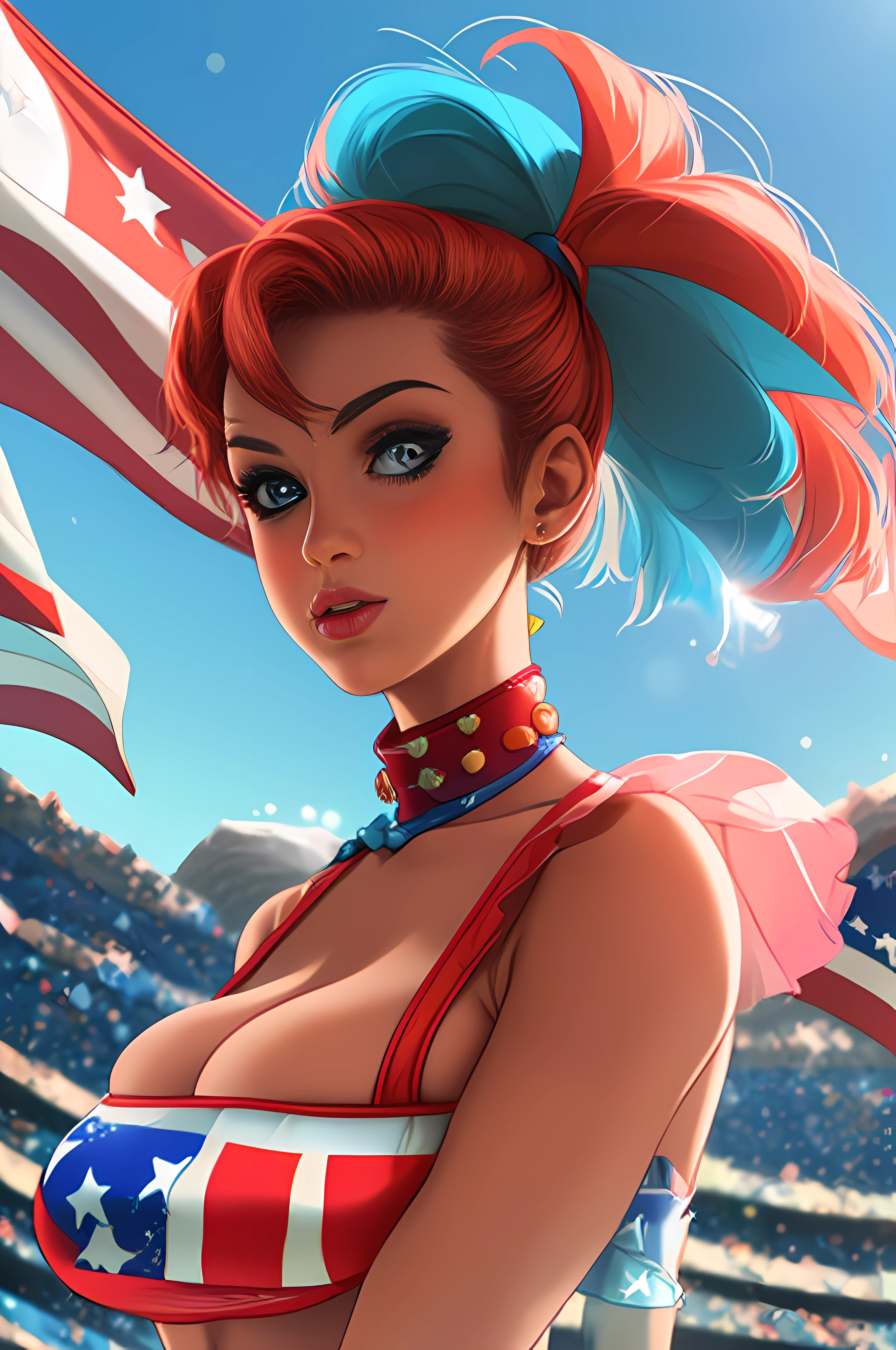 cleavage, huge breasts, flag, cleavage, sports bra, detailed face, colorful clothing, park, sky, trees, bikini, water, underwater, undersea, 1girl, scuba, woman, 1girl, fantasy, vivid colorful hair, toned, choker, bounty hunter outfit, bokeh background, fair skin with cool undertones,subject for emphasis, soft lighting, perfect face, detailed eyes, button nose, lens flare, dramatic lighting, dramatic colors, masterpiece, breasts, petite, vivid colors,