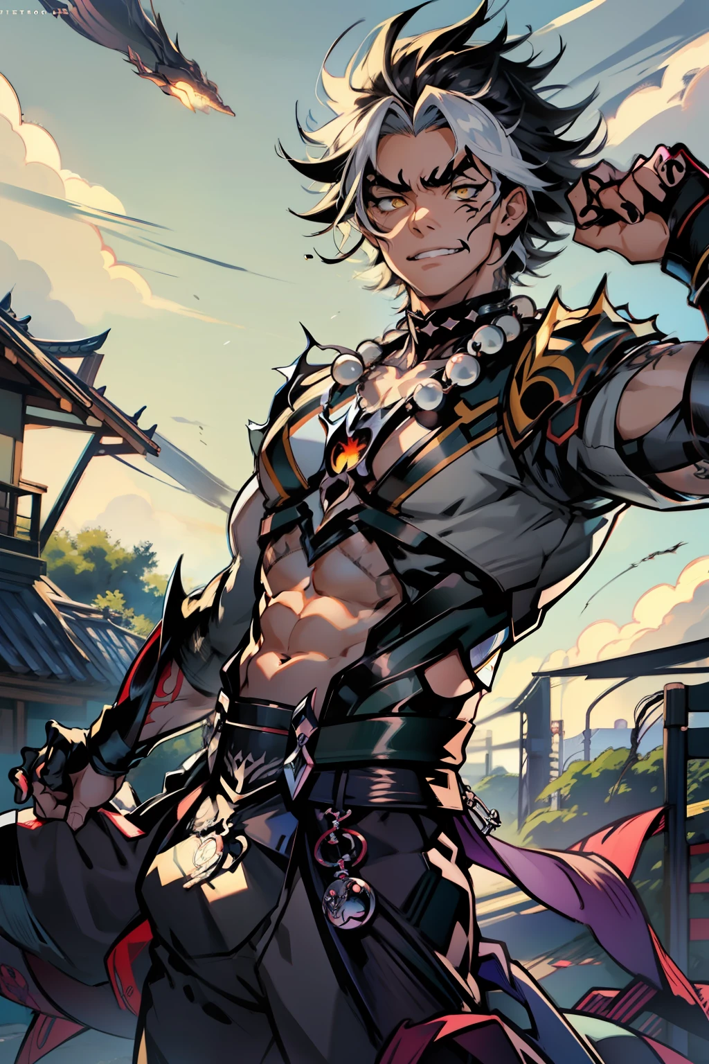 《the original god》Arataki Kazuto , male people,,((Masterpiece)), ((Best quality)), Ultra detailed,((illustration)), Dynamic Angle, Detailed light, (Delicate eyes), Floating, 1boy, Male focus, Head, Clothing, Yellow eyes, necklace, tattoo, (Forehead:0.8), (ahoge:0.8), jewelry, apathy,Ray, chest muscle, Sexy , Venom symbiote for your body, Black mucus of the body , (into venom), Venom,frontage,style of anime4 K, 4K anime wallpaper, Badass anime 8 K, 4 k comic wallpaper, young anime man, Anime boys, Anime wallpapers 4 k, Anime wallpaper 4K, High quality anime art style, Anime moe art style, Anime art wallpaper 8 K, Anime art wallpaper 4 K, RGB lighting