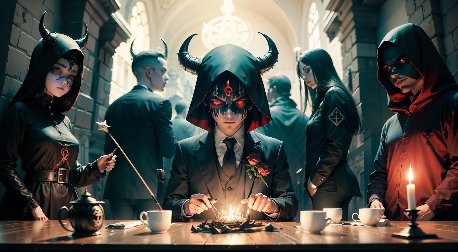 um logo de um culto satanista da deep web com um grupo de pessoas mascaradas nele, com um pentagramaa no centro. Satanic ritual, Arte Dark, Dark Theme, Satan, Satanismo, pentagrama, satanic, diabo, Artwork, santo, Culto ao Cordeiro, arte da capa, satanic horror, Bruxos, Dark net