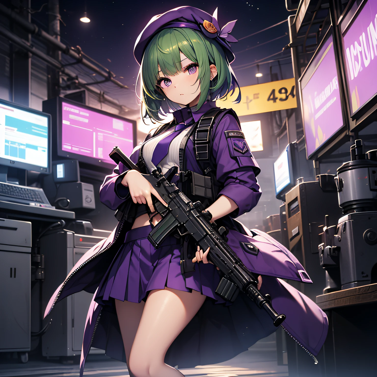 top-quality、extremely delicate and beautiful、(A teenage girl)、Purple Eye、Green hair、short-haired、(Purple pointy hat)、Purple tie、Soio、shortsleeves、Purple skirt、Navel,Tactical Vest、shortsleeves、Purple skirt、((Holding a submachine gun in both hands))、Midnight background、is standing