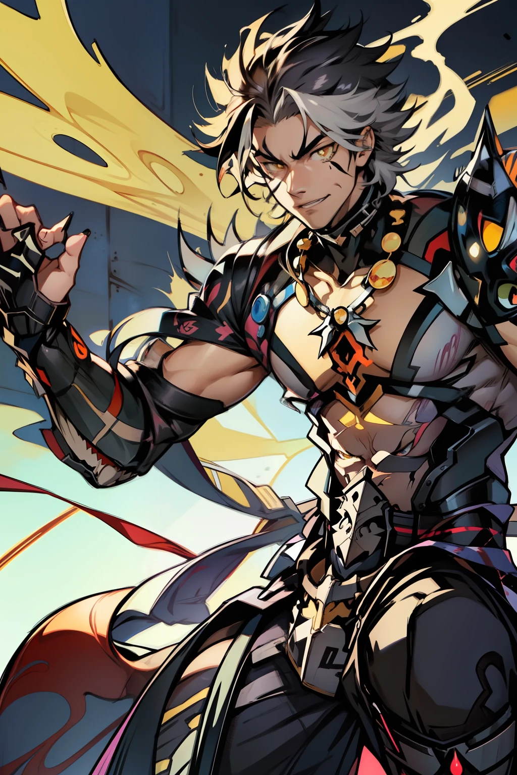 《the original god》Arataki Kazuto , male people,,((Masterpiece)), ((Best quality)), Ultra detailed,((illustration)), Dynamic Angle, Detailed light, (Delicate eyes), Floating, 1boy, Male focus, Head, Clothing, Yellow eyes, necklace, tattoo, (Forehead:0.8), (ahoge:0.8), jewelry, apathy,Ray, chest muscle, Sexy , Venom symbiote for your body, Black mucus of the body , (into venom), Venom,frontage,style of anime4 K, 4K anime wallpaper, Badass anime 8 K, 4 k comic wallpaper, young anime man, Anime boys, Anime wallpapers 4 k, Anime wallpaper 4K, High quality anime art style, Anime moe art style, Anime art wallpaper 8 K, Anime art wallpaper 4 K, RGB lighting