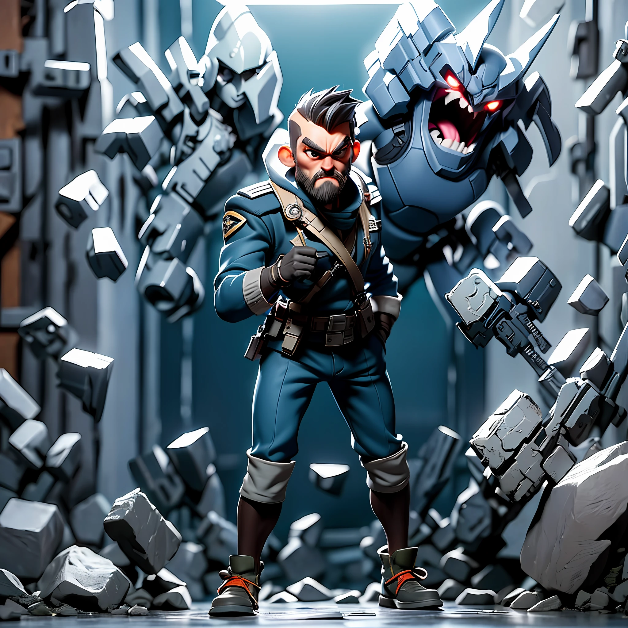 Standing alone、guys in their 30s、Face strong enemies、Engineers、(Veteran Hero)、Counter Attack、full body Esbian、Ready for Battle、(((AT field fully open)))、(evangerion)、(Strong body), ((Prison Guard Captain)), Guard's clothing、cyberpunked,(Special Batons