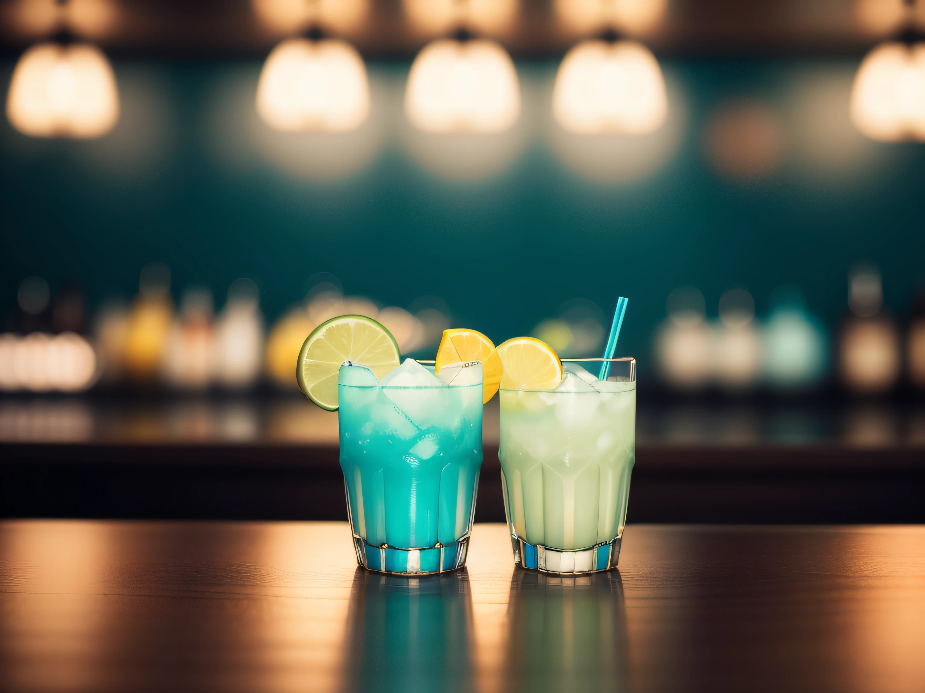 cocktails、Turquoise color、No humans、bars、depth of fields、(blurry backround))、 masterpiece、top-quality、The ultra-detailliert、