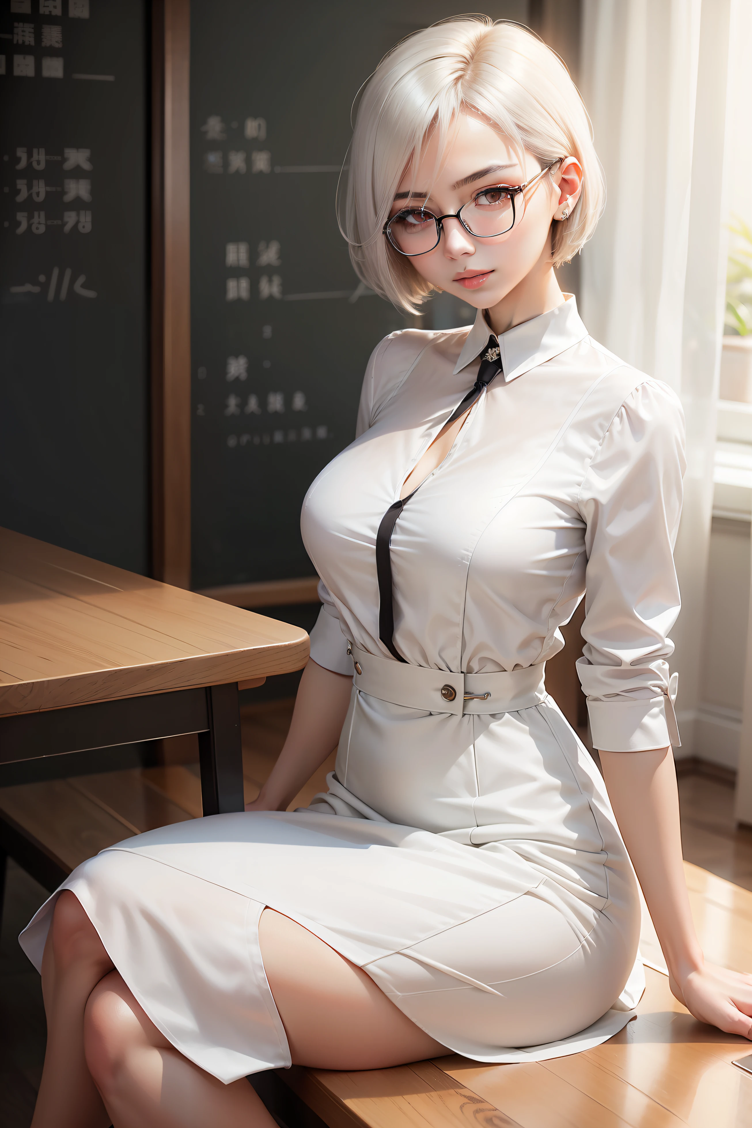 Beautiful teacher,Elegant half-body,Short white dress,Half sleeves for breeze,Sharp glasses,Sit gracefully。short detailed hair