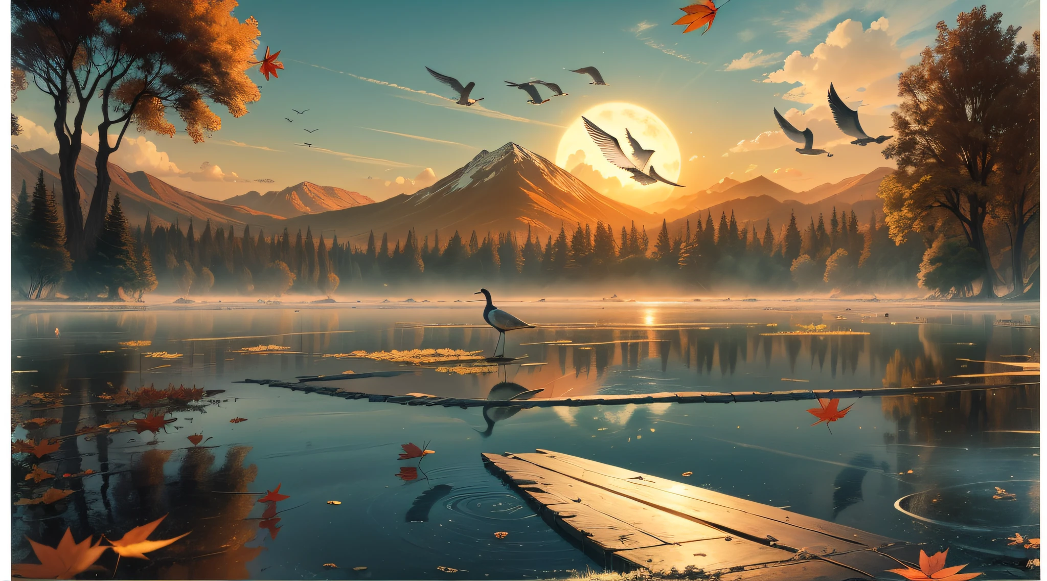 The sunset and the solitary crane fly together,The autumn water is the same for a long time,Chinese style view,A flock of flying solitary birds in the sky,Autumn trees,fall leaves,lakes,mountains in the distant,The reflection of the scenery and the waterline,eventide,the setting sun,tmasterpiece,super detailing,Epic composition,hyper HD,high qulity,extremely detaile,offcial art,System - 8k wallpapers,super detailing, 32K