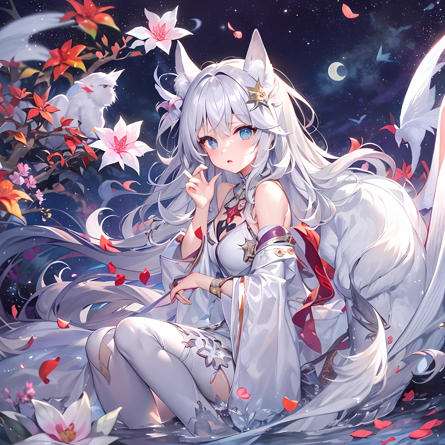 high-level image quality、hiquality、masterpiece、Fantastical、Glittering poinsettia、Glitter petals flutter、Many petals、Dynamism、One Girl With Silver Hair、Sparkling eyes、Eyes that seem to be sucked in、Bewitching、Air bubbles、Dramatic、stroking the cheek with your hand、Enlarge your face、Moon Night、Big Full Moon、Four big wings like an angel、Heavenly daughter、Rin々Shishi Face、Straight gaze、Long-bodied fox、The moment of becoming a dragon from a person、Leprechaun、White Dragon、Beautiful backgrounds with lots of text