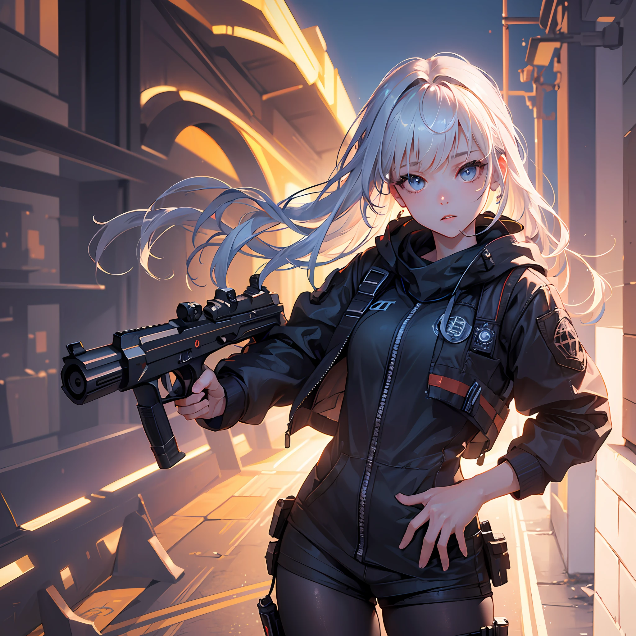 photo realistic, (extremely detailed CG unity 8k wallpaper), (masterpiece), (best quality), (ultra-detailed), (best illustration), (best shadow), ultra-high res, (photorealistic:1.4), (1girl:1.3), holding a gun, Glock, Ready to fire, C.A.R_system
