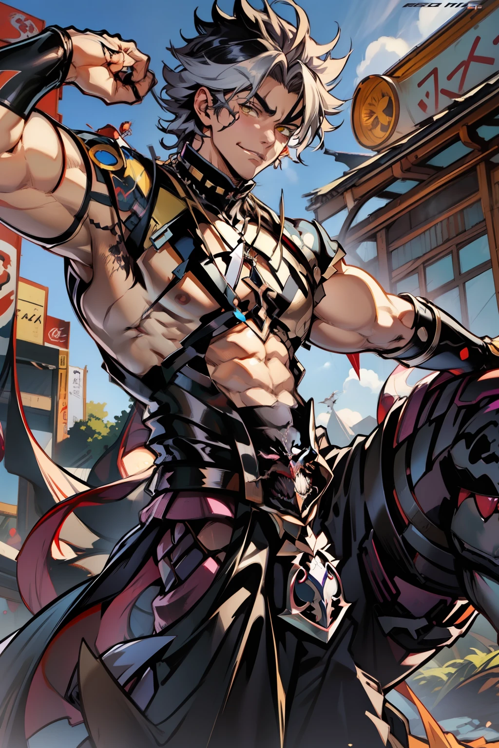 《the original god》Arataki Kazuto , male people,,((Masterpiece)), ((Best quality)), Ultra detailed,((illustration)), Dynamic Angle, Detailed light, (Delicate eyes), Floating, 1boy, Male focus, Head, Clothing, Yellow eyes, necklace, tattoo, (Forehead:0.8), (ahoge:0.8), jewelry, apathy,Ray, chest muscle, Sexy , Venom symbiote for your body, Black mucus of the body , (into venom), Venom,frontage,style of anime4 K, 4K anime wallpaper, Badass anime 8 K, 4 k comic wallpaper, young anime man, Anime boys, Anime wallpapers 4 k, Anime wallpaper 4K, High quality anime art style, Anime moe art style, Anime art wallpaper 8 K, Anime art wallpaper 4 K, RGB lighting
