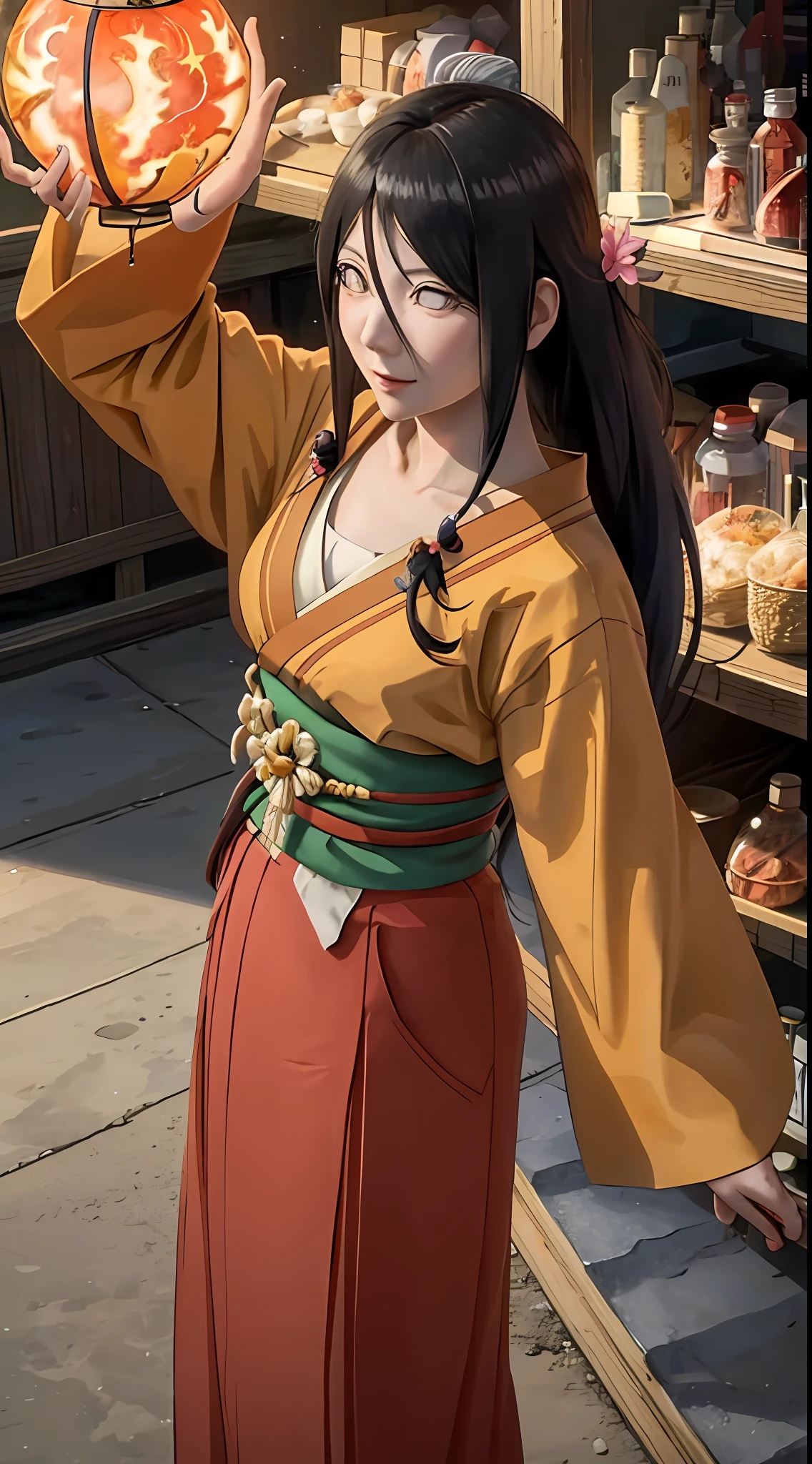 tmasterpiece， hoang lap ， （Complicated details）， （rich colourful）， 电影灯光， the Extremely Detailed CG Unity 8K Wallpapers ， Hinata flower proportions， 1girll， 独奏， orange kimono， Red hakama skirt， obi strip， Wide sleeves， looking at viewert， Keep one's mouth shut， ventania， Combat posture， cleavage，Off-the-shoulder attire，Large breasts，ssmile，Top-down view