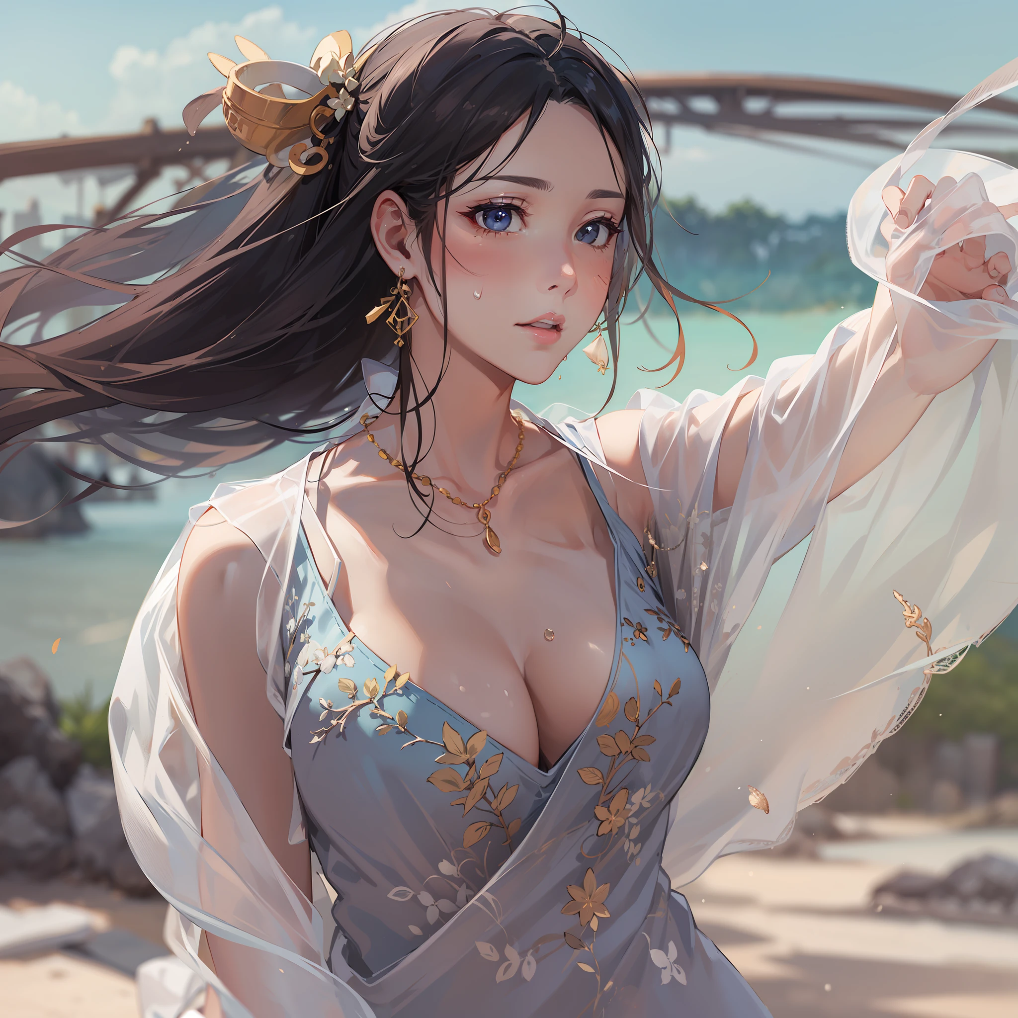 garments:Woman wearing Ao Dai:1.1,accessory:shell necklace,The hair:Long black hair:1.1、 make - up:natural, Glowing skin、Wearing sweat, BEReaction:relax、Free-spirited、 The location:Landscape of Vietnam,4K, (Raw photo: 1.2), (Realism: 1.4), (masutepiece: 1.3), (exquisite detailing: 1.2), Delicate and beautiful details, (Eye Detail), (Facial Detailed), (Highest Quality) :1.4), (Hyper-Resolution: 1.2), cinematric light, (very detailed illustration), (Best Quality, Super Resolution, depth of fields, Wide light, natural shadows