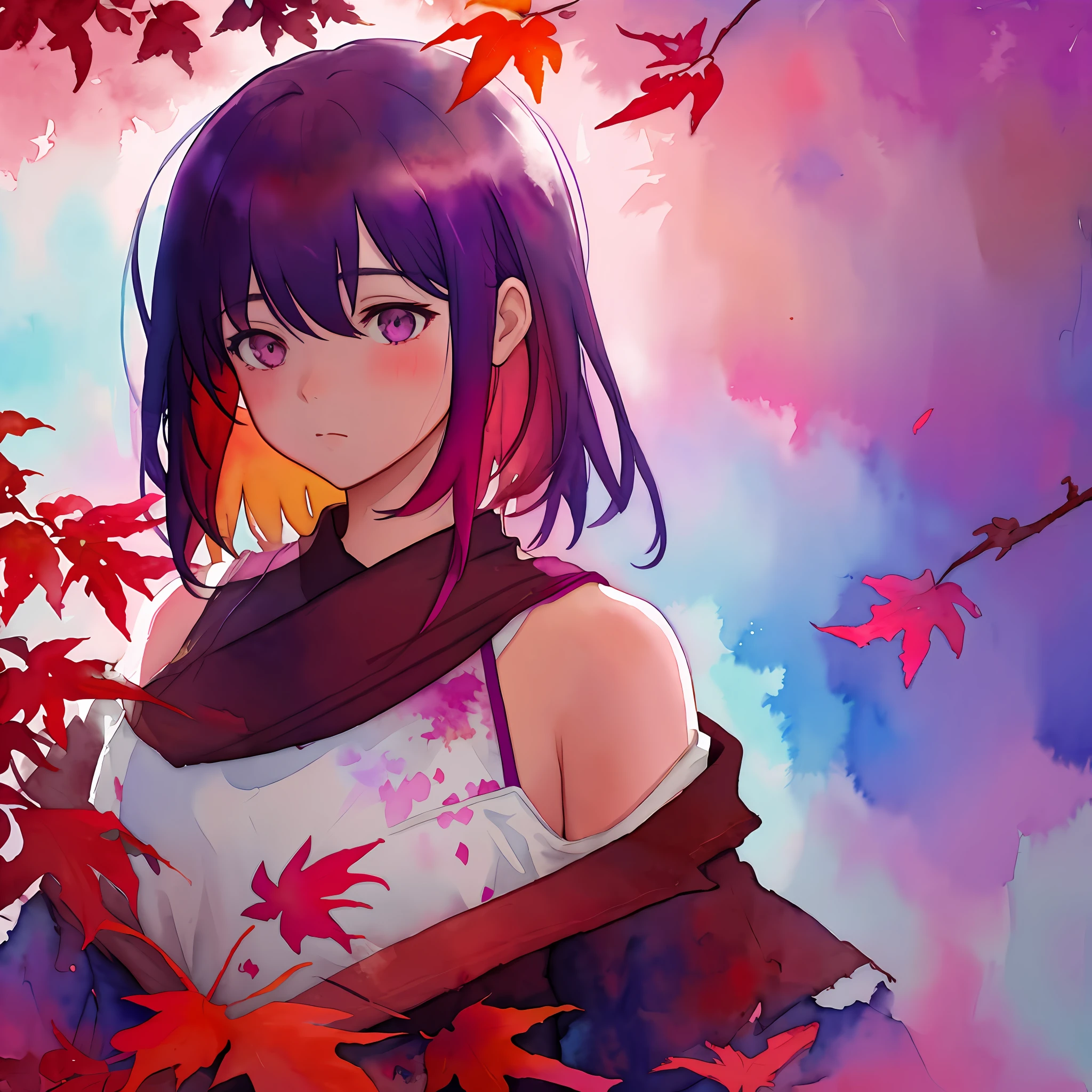 watercolor art,1girl,upper body,bra,watercolor style,wrtcolor style,watercolor splashes,paint splashes ,upper body,liquid clothes , red coloured tree leaves,purple tree leaves, red and purple theme