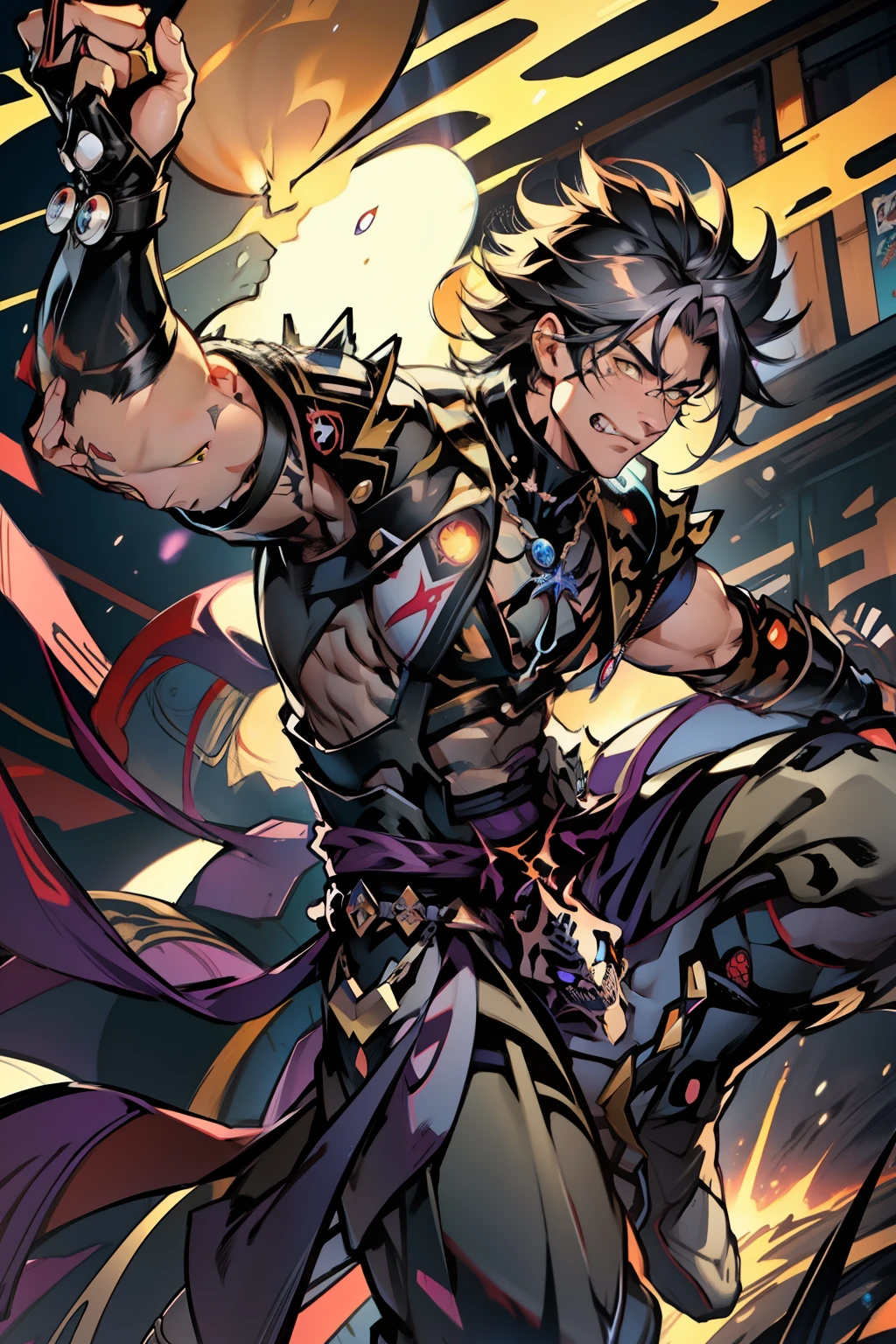 《the original god》Arataki Kazuto , male people，，((Masterpiece)), ((Best quality)), Ultra detailed,((illustration)), Dynamic Angle, Detailed light, (Delicate eyes), Floating, 1boy, Male focus, Head, Clothing, Yellow eyes, necklace, tattoo, (Forehead:0.8), (ahoge:0.8), jewelry, apathy，Ray， chest muscle， Sexy , Venom symbiote for your body, Black mucus of the body , （into venom）, Venom，frontage，style of anime4 K， 4K anime wallpaper， Badass anime 8 K， 4 k comic wallpaper， young anime man， Anime boys， Anime wallpapers 4 k， Anime wallpaper 4K， High quality anime art style， Anime moe art style， Anime art wallpaper 8 K， Anime art wallpaper 4 K， RGB lighting
