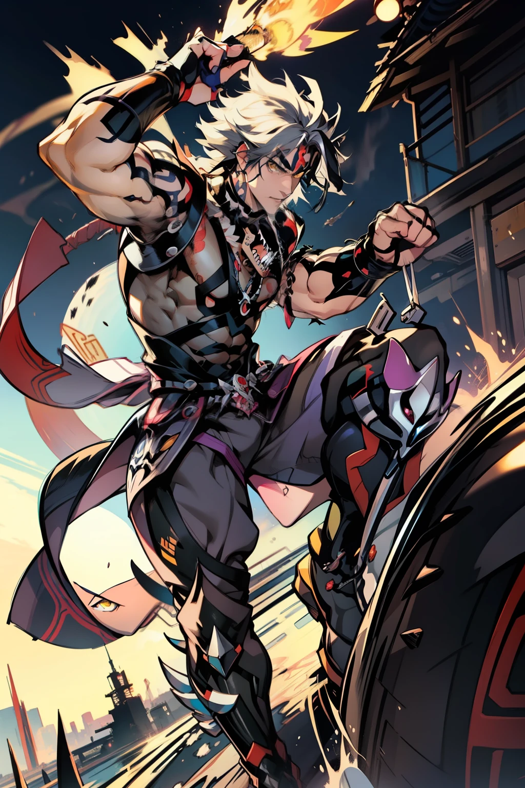 《the original god》Arataki Kazuto , male people,,((Masterpiece)), ((Best quality)), Ultra detailed,((illustration)), Dynamic Angle, Detailed light, (Delicate eyes), Floating, 1boy, Male focus, Head, Clothing, Yellow eyes, necklace, tattoo, (Forehead:0.8), (ahoge:0.8), jewelry, apathy,Ray, chest muscle, Sexy , Venom symbiote for your body, Black mucus of the body , (into venom), Venom,frontage,style of anime4 K, 4K anime wallpaper, Badass anime 8 K, 4 k comic wallpaper, young anime man, Anime boys, Anime wallpapers 4 k, Anime wallpaper 4K, High quality anime art style, Anime moe art style, Anime art wallpaper 8 K, Anime art wallpaper 4 K, RGB lighting