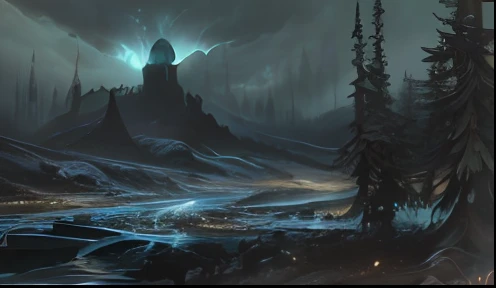 a painting of a forest with many trees, paisagem lovecraftiana, terrenos baldios cinzentos, Stefan Koidl inspirado, Paisagem infernal, an alien landscape, paisagem do pesadelo, atmosfera lovecraftiana, dark ruins landscape, Gustave Dore History, Paisagem infernal lovecraftiana, pintura de fantasia fosca grimdark, paisagem de fantasia escura, alien landscape, Arte conceitual de Bloodborne