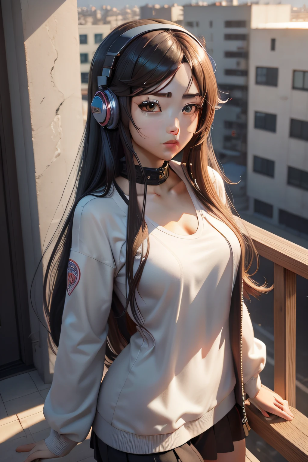 masterpiece、top-quality、Magazine covers、The upper part of the body、Anime girl with long hair wearing headphones on balcony overlooking the city, photorealistic anime girl render, realistic anime 3 d style, 3 d anime realistic, Smooth Anime CG Art, photorealistic anime, render of a cute 3d anime girl, Anime style. 8K, artwork in the style of guweiz, Hyper realistic anime, anime styled 3d, 3d anime girl