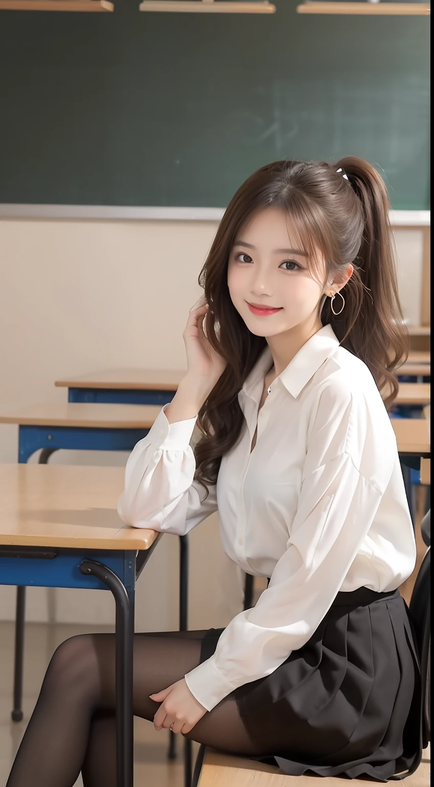 (One student 1.5),(true to life,Photorealistic 1.5),((best qualtiy, 8K, tmasterpiece:1.3)),SLR camera (二重まぶた,largeeyes:1.3),(smile1.5),(Full body photo 1.5)(One person 1.5)Clear focus 1.2, Perfect body beauty:1.4 , Delicate skin1.1,(Brown ponytail 1.6),(Wavy curls 1.4),(Pure desire 1.3)(Black pantyhose 1.5)(The leg length is one meter two,1.5),White shirt,Bow knot,Pleated skirt legs slim,high-heels,With earrings,bangle,Classroom