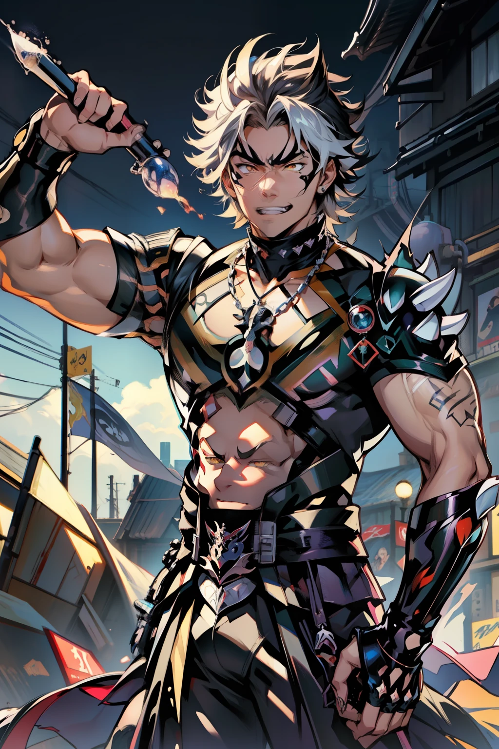 《the original god》Arataki Kazuto , male people,,((Masterpiece)), ((Best quality)), Ultra detailed,((illustration)), Dynamic Angle, Detailed light, (Delicate eyes), Floating, 1boy, Male focus, Head, Clothing, Yellow eyes, necklace, tattoo, (Forehead:0.8), (ahoge:0.8), jewelry, apathy,Ray, chest muscle, Sexy , Venom symbiote for your body, Black mucus of the body , (into venom), Venom,frontage,style of anime4 K, 4K anime wallpaper, Badass anime 8 K, 4 k comic wallpaper, young anime man, Anime boys, Anime wallpapers 4 k, Anime wallpaper 4K, High quality anime art style, Anime moe art style, Anime art wallpaper 8 K, Anime art wallpaper 4 K, RGB lighting