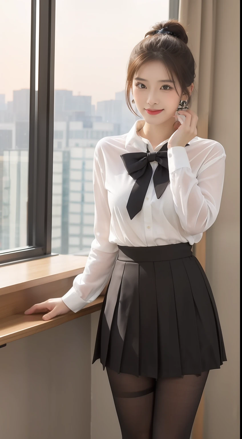 （One student 1.5），（true to life，Photorealistic 1.5）,((best qualtiy, 8K, tmasterpiece:1.3)),SLR camera (二重まぶた，largeeyes:1.3),（smile1.5），（Full body photo 1.5）（One person 1.5）Clear focus 1.2, Perfect body beauty:1.4 , Delicate skin1.1，（Brown ponytail 1.6），（Wavy curls 1.4），（Pure desire 1.3）(Black pantyhose 1.5)（The leg length is one meter two，1.5），White shirt，Bow knot，Pleated skirt legs slim，high-heels，With earrings，bangle，‎Classroom
