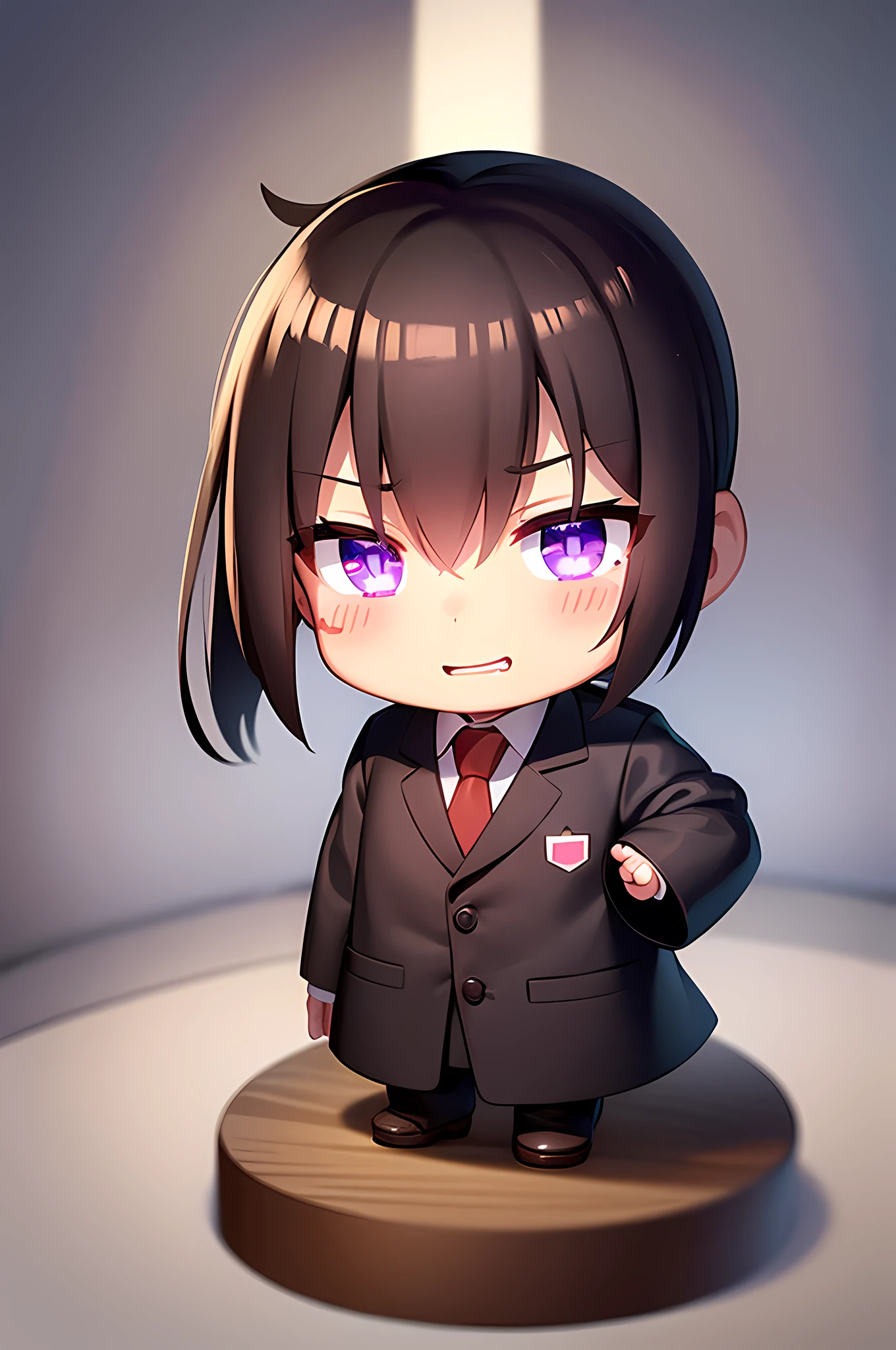 virtual_youtuber, 1boy, male_focus, solo, brown_hair, necktie, purple_eyes, brown_footwear, formal, pants, smile, white shirt, collared shirt, hair_between_eyes, (VERY DETAILED EYES:1.5), (chibi:1.4), (emote:1), (joyful expression:1.8), cartoon, simple background, sticker