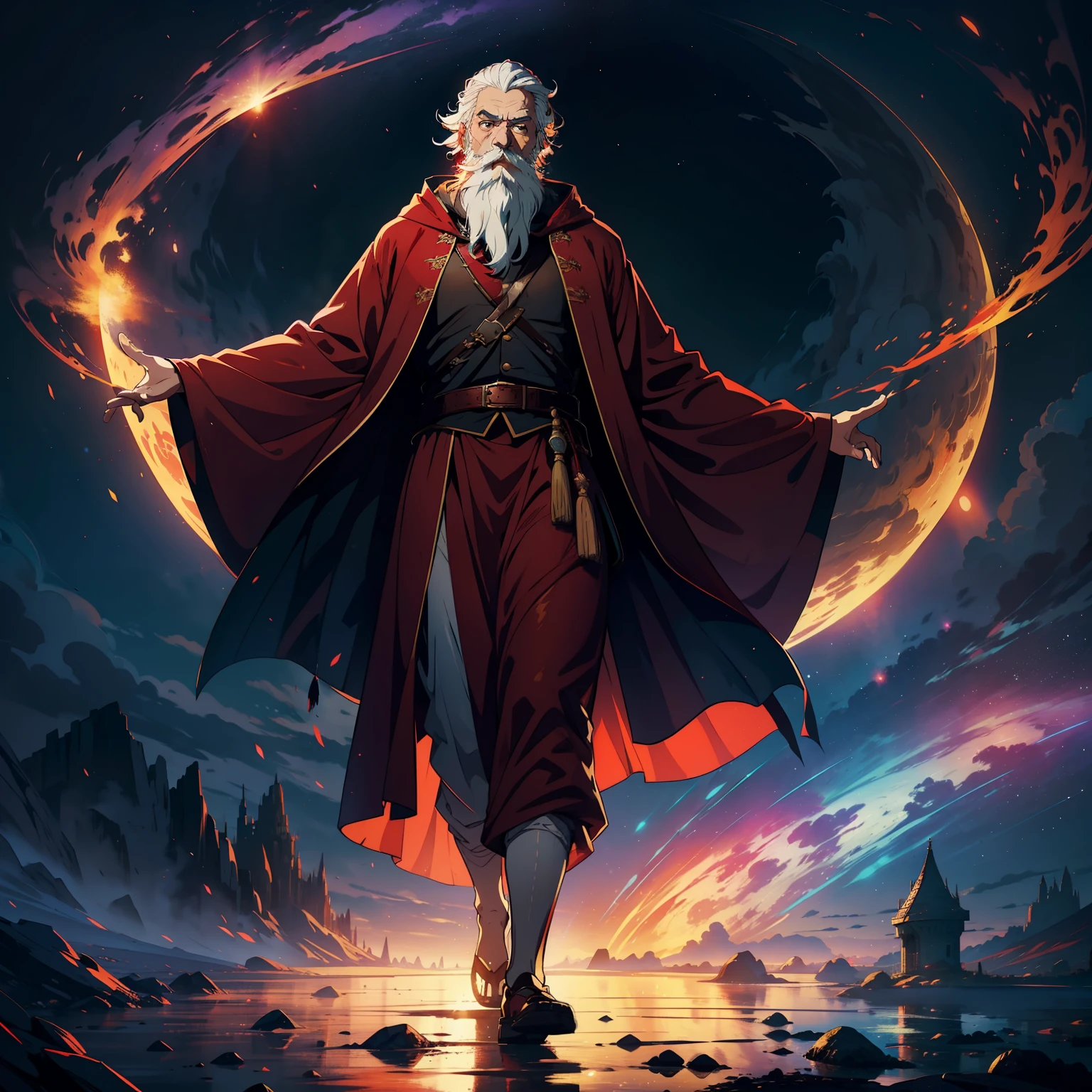 Man in period costume,White beard,horse tailed,The eyes were surprised,Red robe,Long clothes,Full body photo,Magical picture,expression surprised,The expression is grim,Surrounded by magic,Colorful glow in the sky,in a panoramic view,