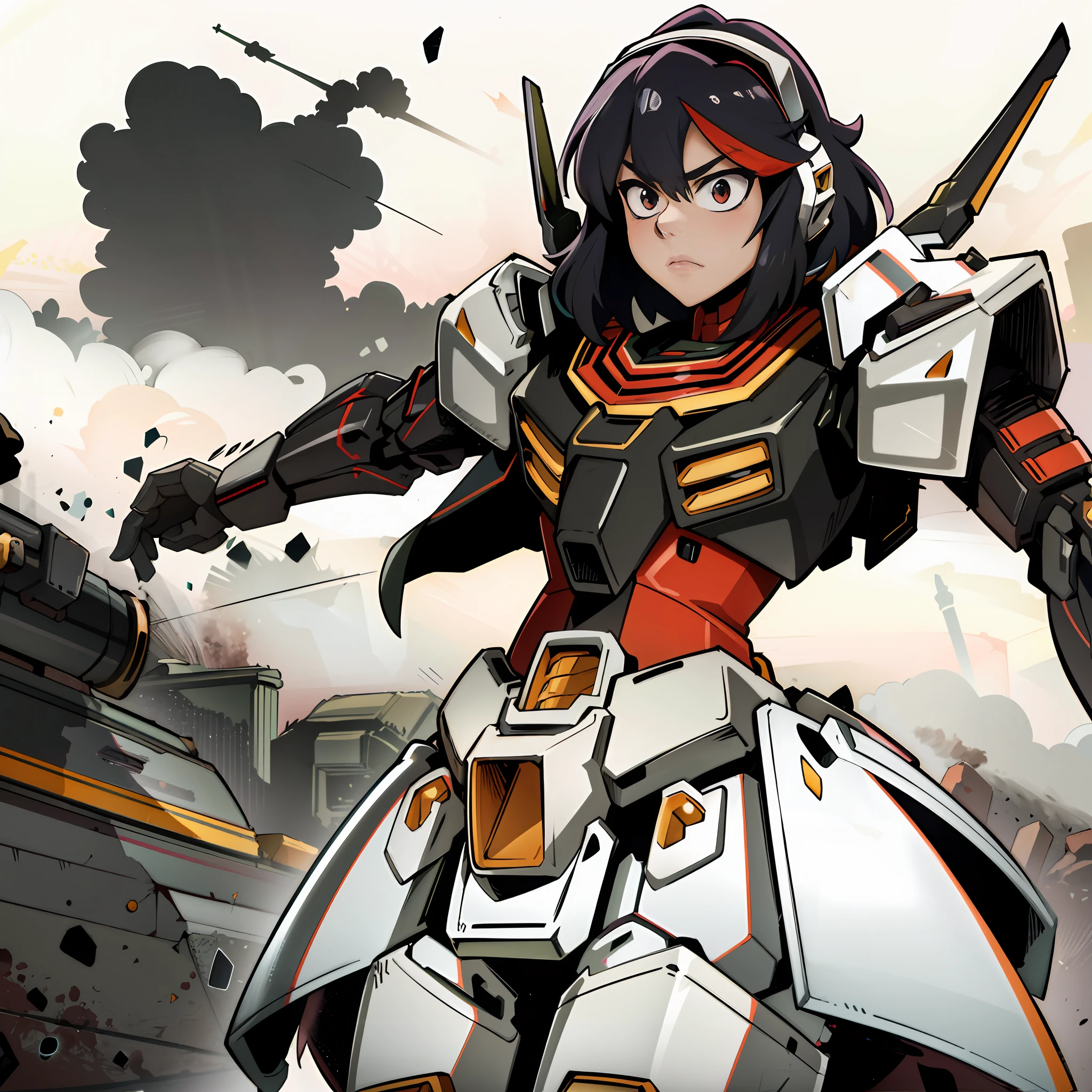 "Ryuko Matoi looking at viewer while wearing a Gundam-inspired suit adorned with sleek and futuristic armor design, confused+concerned expression"