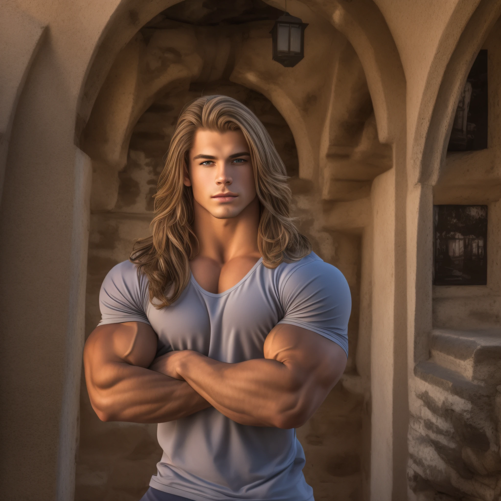 An 18-year-old boy jock, embodying the perfect fusion of Joey Lawrence and Cody Calafiore with long hair, exuding pure masculine energy. Enhanced with HDR technology, this image depicts a true masterpiece, 4K resolution, outdoor lighting, majestic pose, perfect muscle structure, in the style of Gymantics Magazine, in the style of Inside Gymnastics Magazine, in style of lInternational Gymnast Magazine, pec cleavage