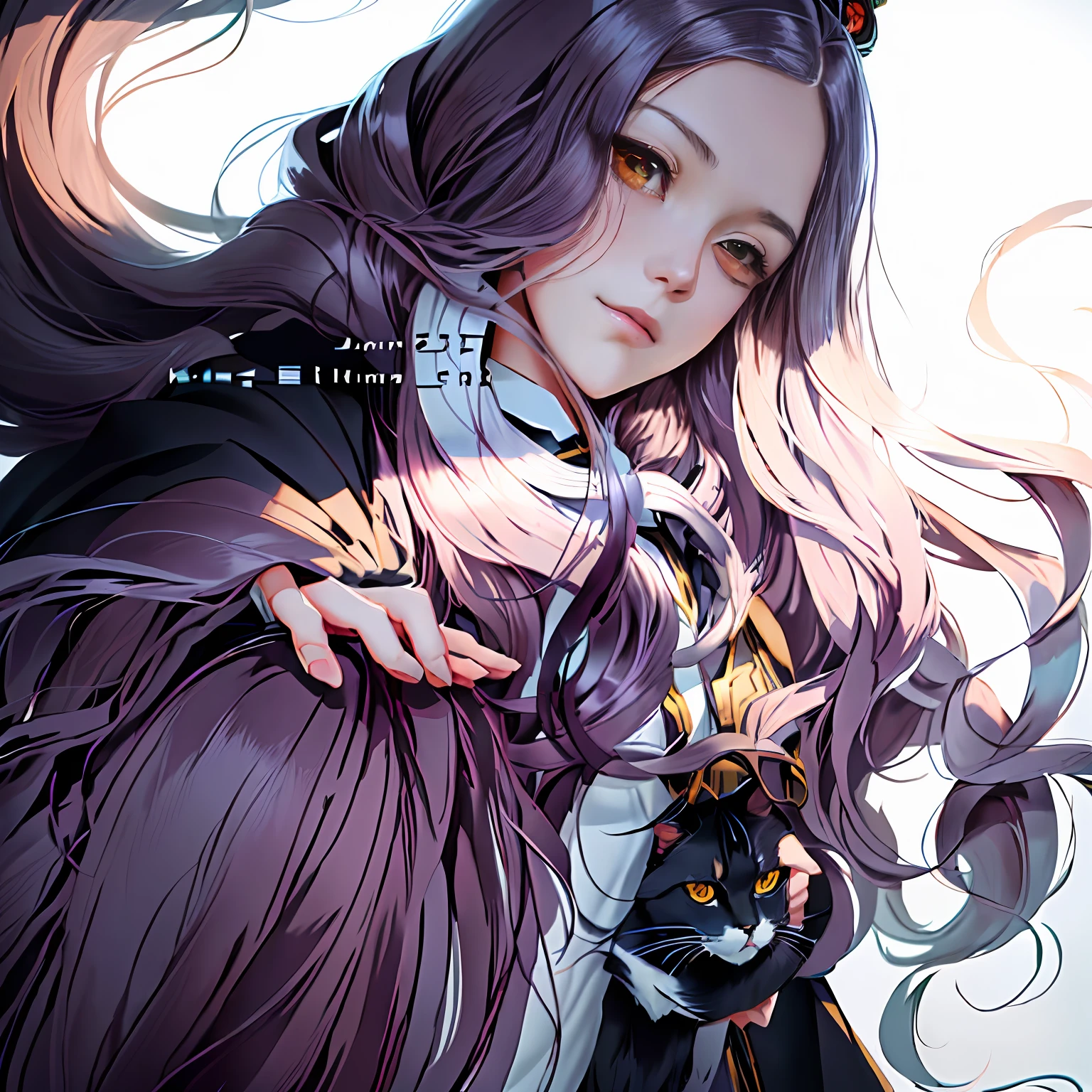Anime girl with long hair and collared shirt holding cat, in a cloak with long hairs, pencil and ink manga drawing, flowing hair and long robes, Anime girl with long hair, beautiful line art, Line sketch!!, Marin Kitagawa fanart, ilya kuvshinov with long hair, demon slayer rui fanart, ((a beautiful fantasy empress))
