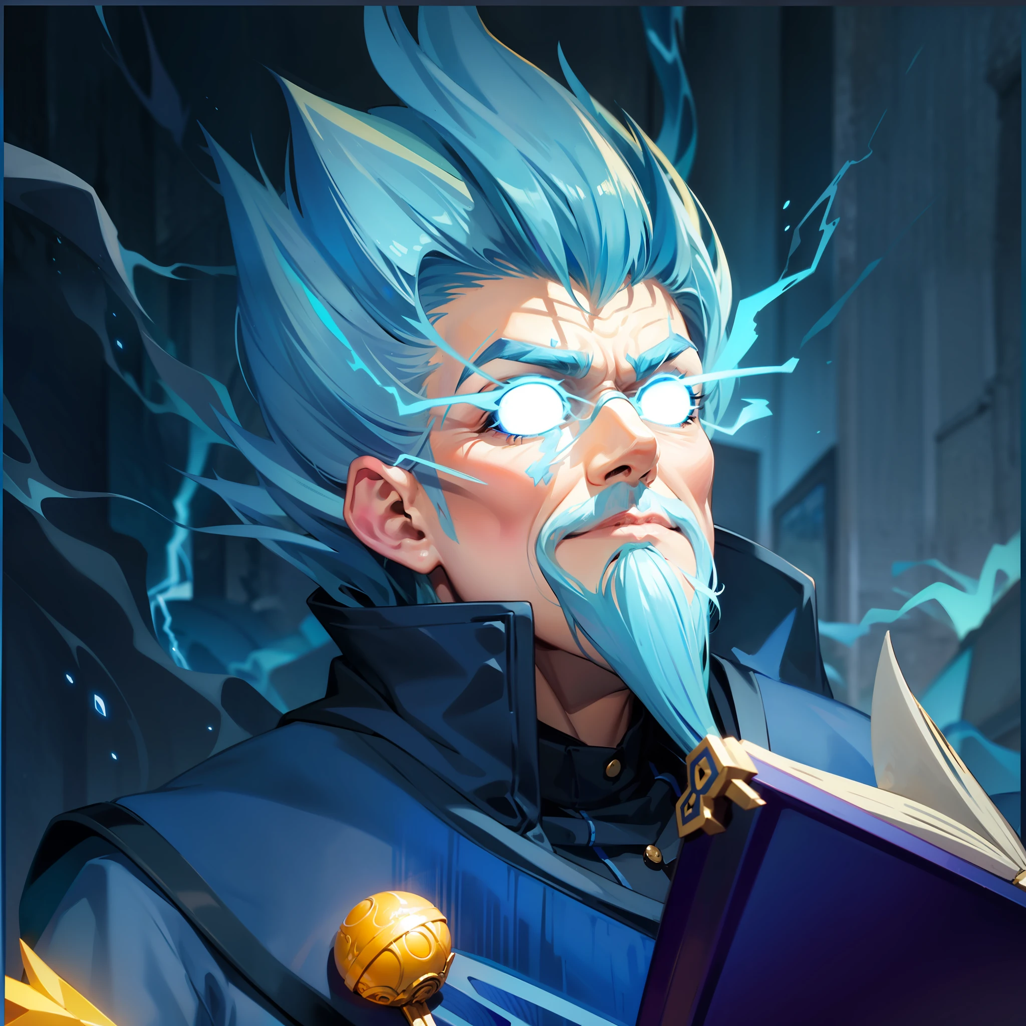 An old man mage,Cobalt blue hair,Duck egg green eyebrows,Eyes with lightning,Cobalt blue goatee,Wear a mage