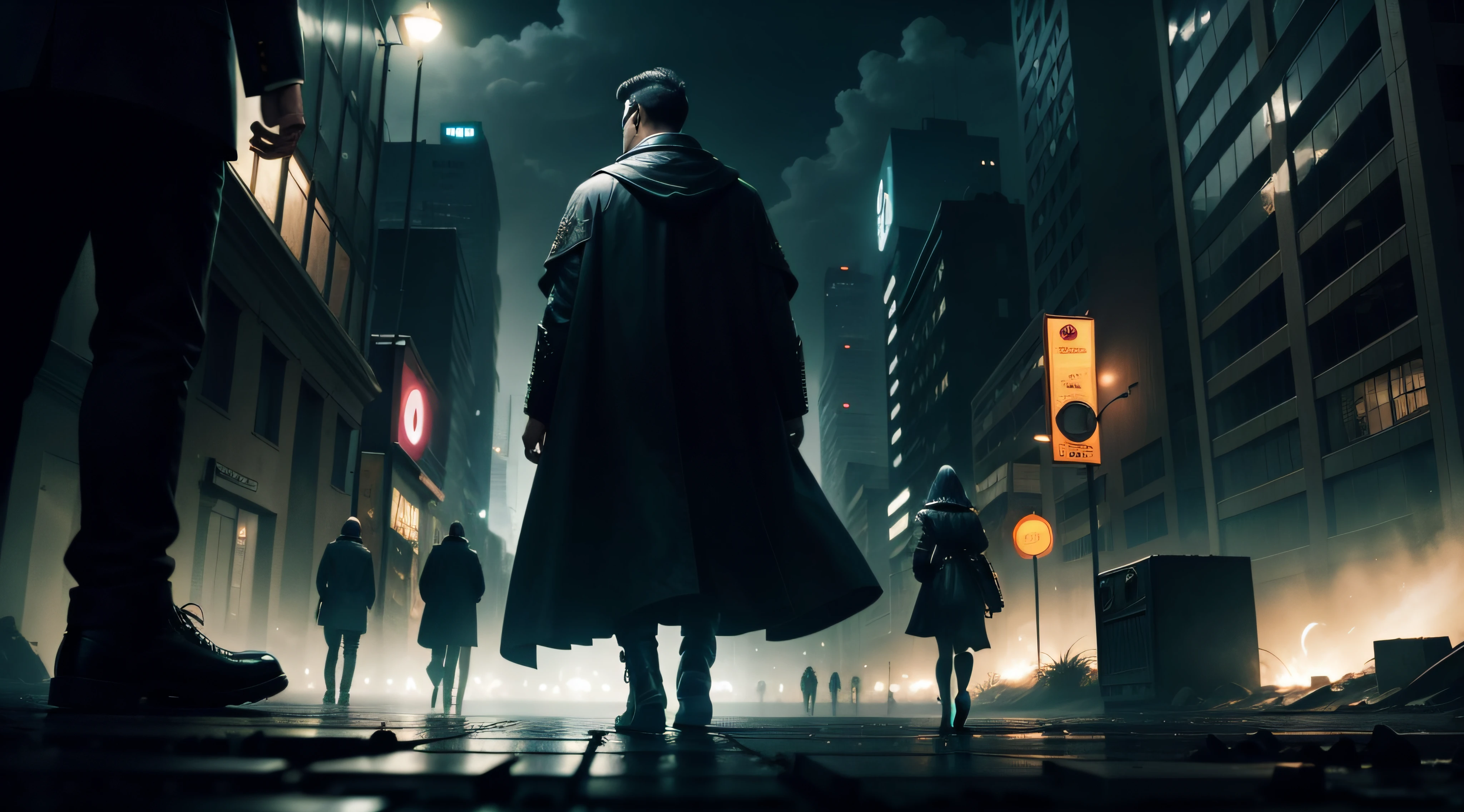 dark city, with people hurring