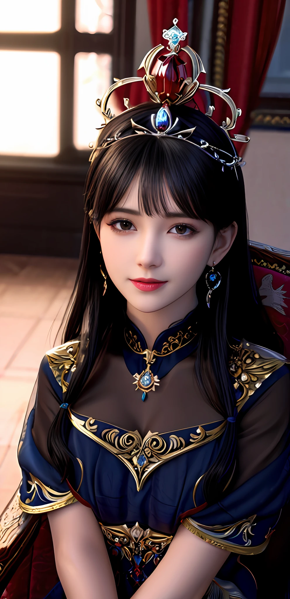 (realisticity: 1.2), best quality, 8K UHD, masterpiece, highres,cg,
1 super detailed girl, super detailed queen

, sitting on a super detailed royal throne, lud, xurious royal palace background, beautiful and detailed, super detailed long hair, wearing a beautiful and luxurious crown with diamonds and super detailed,

super detailed dress,
 solo, jewelry, super detailed red and blue dress, pretty face, beautiful, and super detailed, 

, earrings, super detailed hairdo, splashing, the upper body is very super detailed, super detailed hair bun, super detailed black hair,
lighting,candid,Photograph,high resolution,4k,8k,Bokeh,