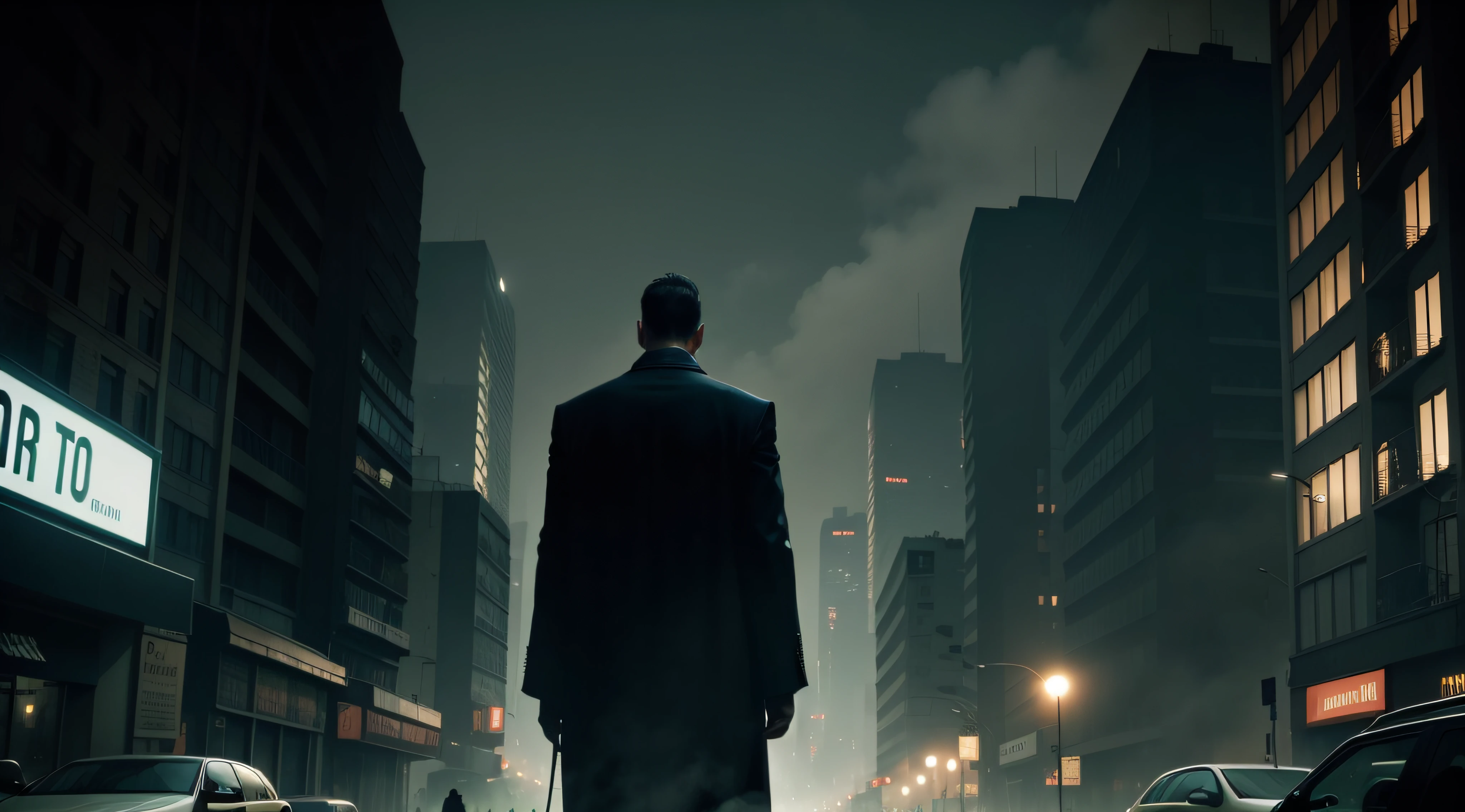 dark city, with people hurring