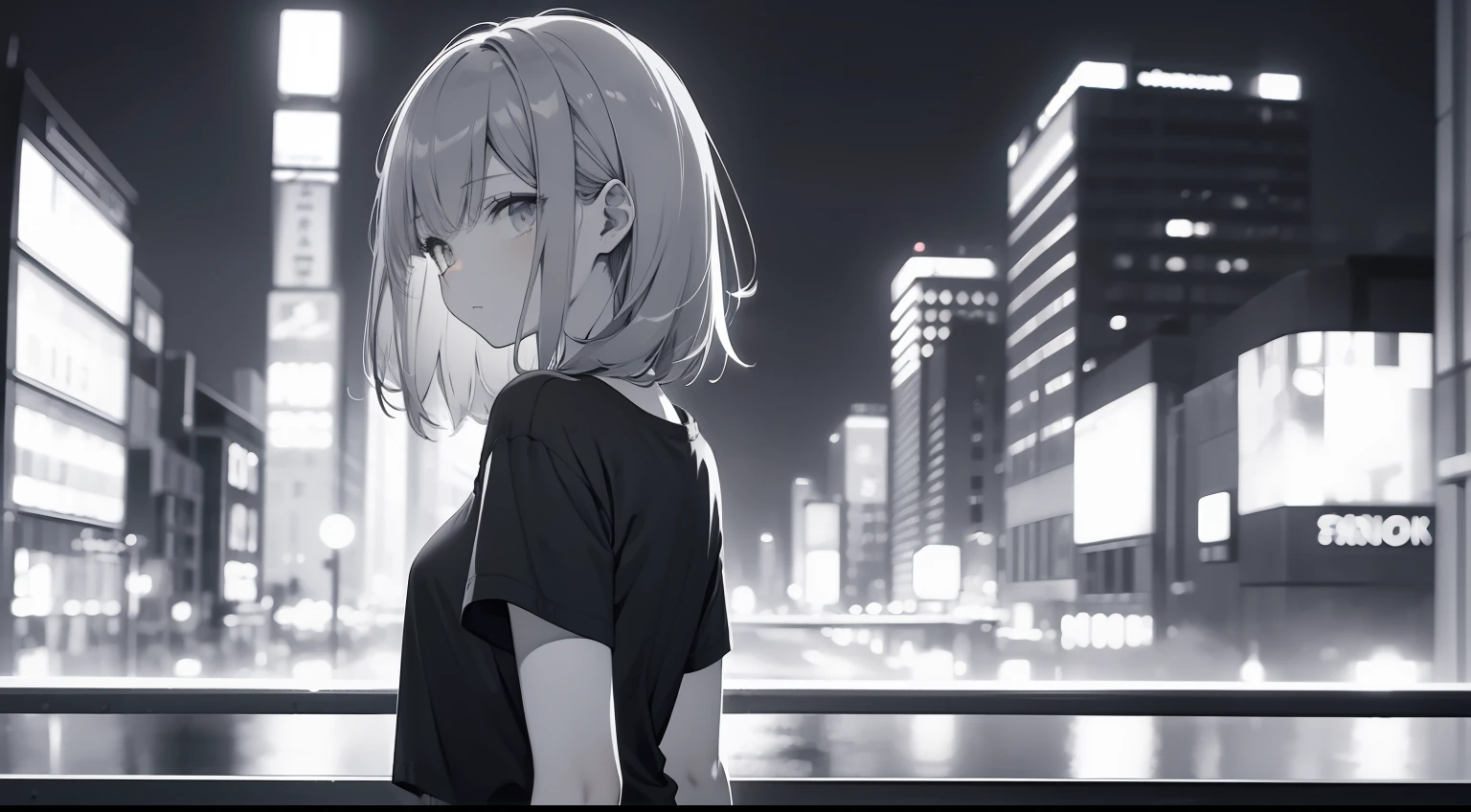 faded tone, monochrome, a little dark orange tone, cool girl, long bangs, hipster, grey hair, upper chest shot, monochrome, black, blue, t shirt, heavily blurred background, city at night, from back, looking back