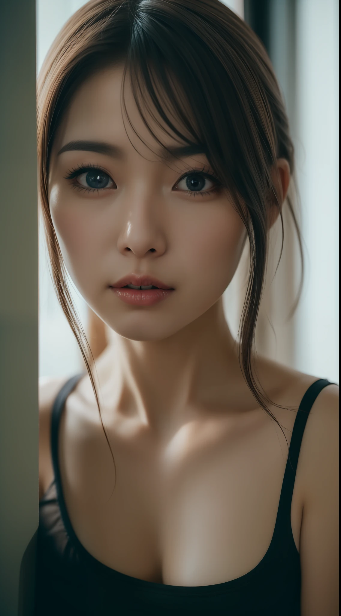 realistic photos of (1 cute Korean star) single hair intake, thin makeup, 32 inch breasts size, wearing black tank top, at the window's room, close-up, satellite image, cinematic lighting, UHD