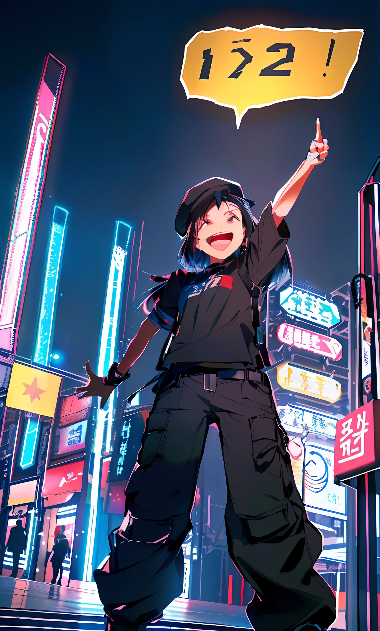 tmasterpiece,HighestQuali,Kizi,Above your head is a dialog box,There are numbers on it "1 2 3" written on it, Pose(Arms up + cheerfulness), Inspired by the China Expo Park, raise both arms, inspired by Saneatsu Mushanokōji, pudica pose gesture, triumphant pose,Black cap,shoulder-length short hair,Black short-sleeved T-shirt,Black cargo pants,Laugh happily