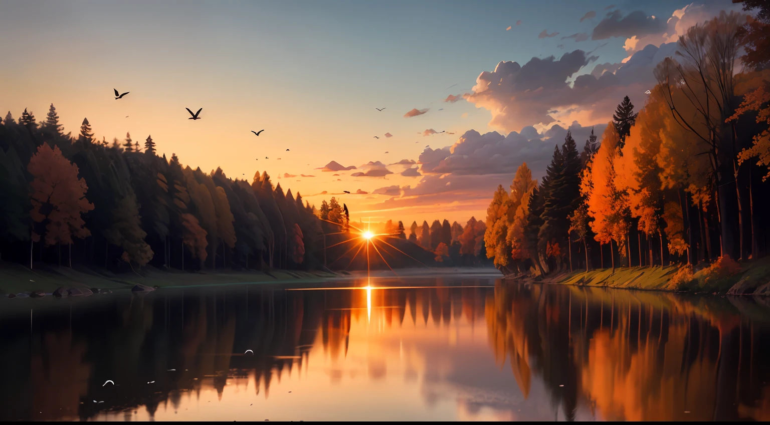 sunset，the lone bird fly in sky, and the autumn water grows in the same color as the sky