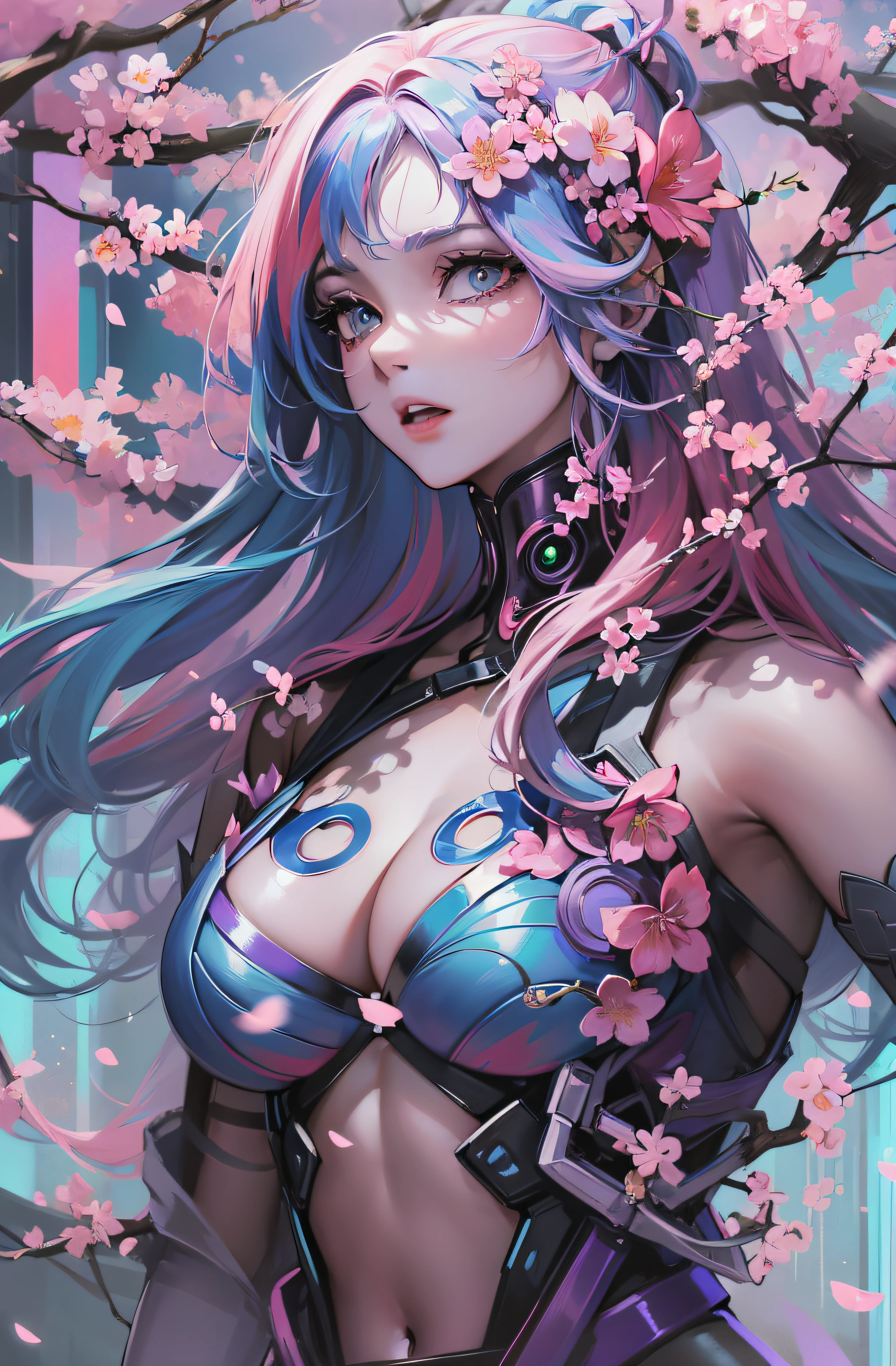((Beautiful and cool female torso)), ((Costume with cherry blossom petal motif)), ((Cyberpunk costume with high exposure)), ((Long multicolored hair)), ((Background is another world) )), blue eyes, glitter, artistic, nffsw, retina, masterpiece, accurate, super detailed, high detail, high quality, award winning, highest quality, high definition, 1080p, hard disk, 4K, 8K, 16K