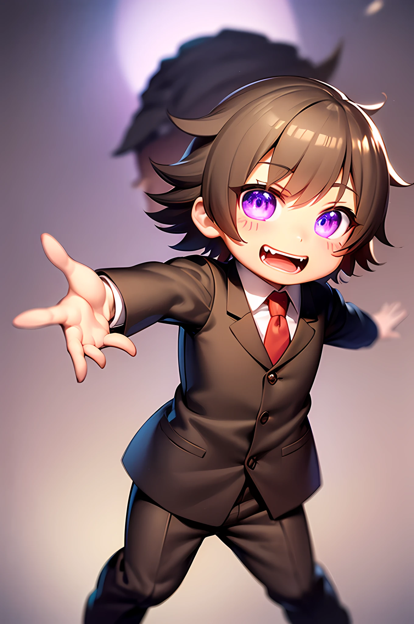 virtual_youtuber, 1boy, male_focus, solo, brown_hair, necktie, purple_eyes, brown_footwear, formal, pants, smile, white shirt, collared shirt, hair_between_eyes, (VERY DETAILED EYES:1.5), (chibi:1.4), (emote:1), (joyful expression:1.8), cartoon, simple background, sticker