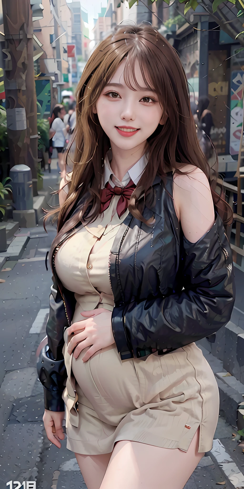 (Masterpiece: 1.6, Best quality), (beautidful eyes: 1.2), (Overhead), High quality, Beautiful face, 1girll, Wide shot, Nurse's uniform, Oversized leather jacket, Open shoulders, Big tits, Long hair, Wide hips, (gardens), street, Background, Detailed background, creepy smile, Angled Laughter at the Corners of Mouth, Smoking a cigarette, sunglasses，Pregnant belly，Pregnant belly，