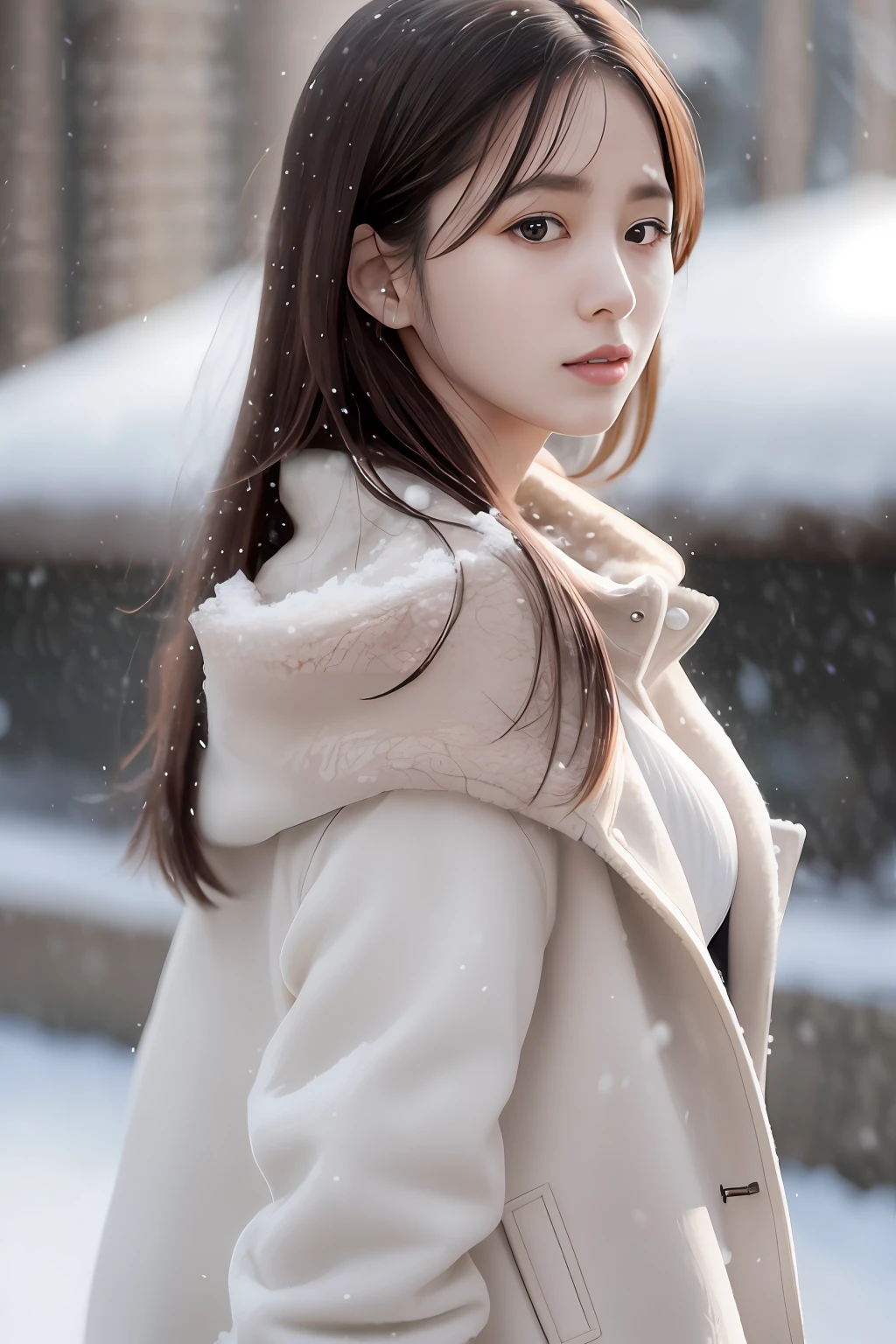 (Beautiful Korean Star)Realistic photos of shoulder length hair、thin makeup、Medium breast size、Wearing a coat、in snow、Clear facial features、8K High Resolution、sharp and realistic details、From the outside、Eye level shots、f / 4.0、135mm、Fuji Film、jpegartifacts、dithering、UHD、​masterpiece